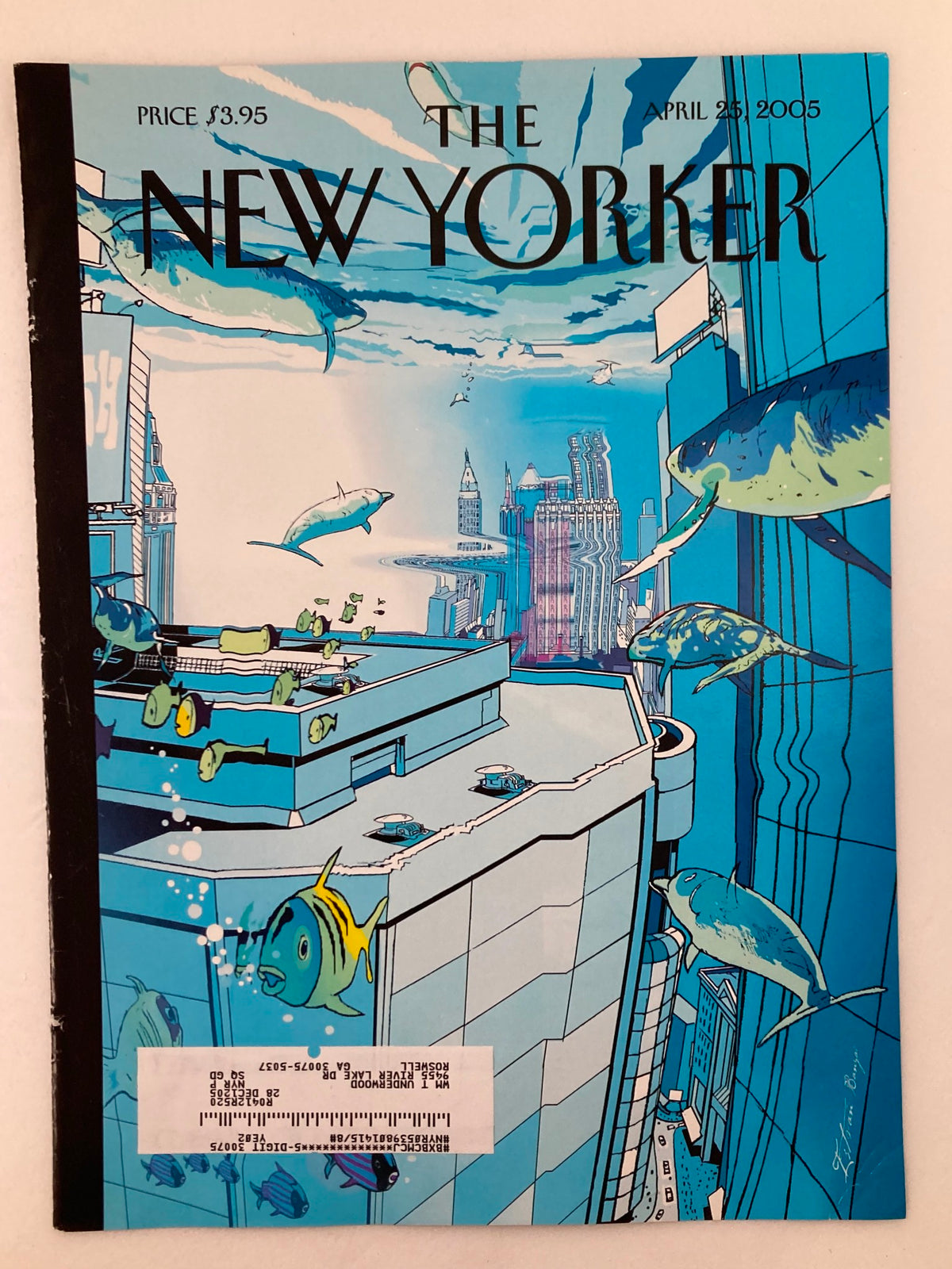Cover of The New Yorker April 25 2005 displaying Underwater City artwork by Istvan Banyai, with vivid marine life set against a modern city background.