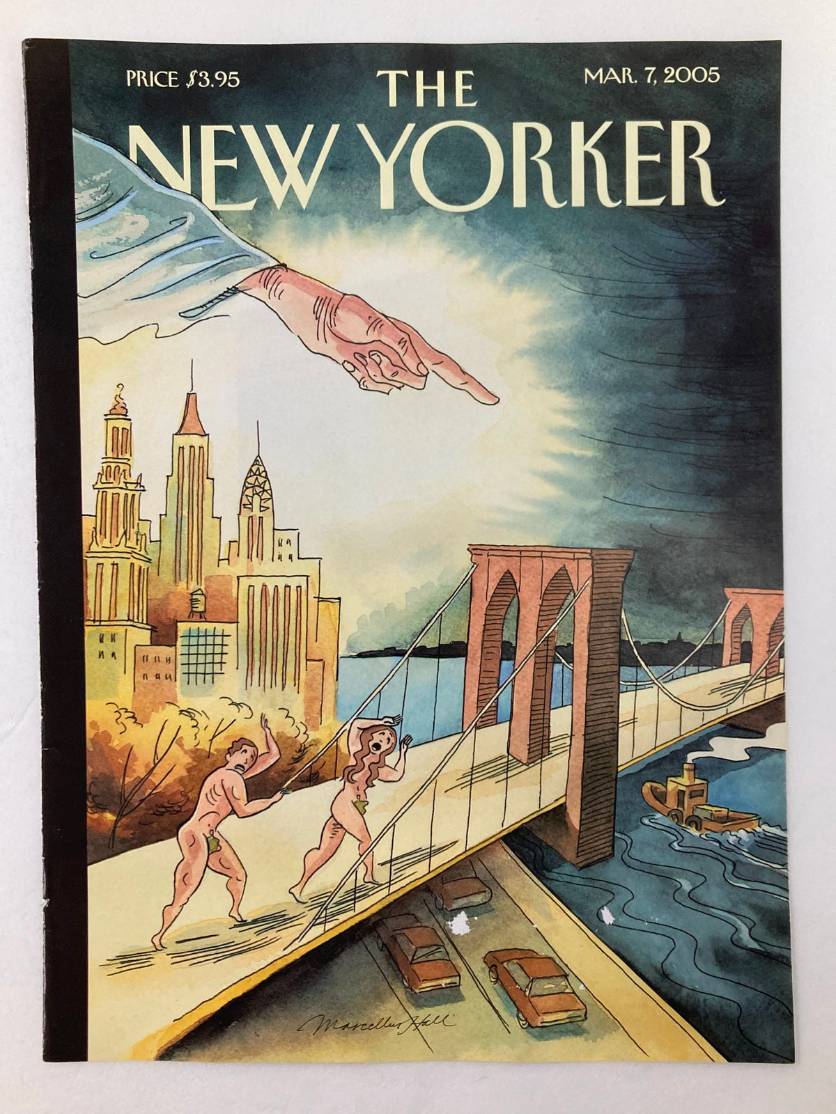 Cover of The New Yorker March 7, 2005 titled 'Unaffordable Eden' by Marcellus Hall, featuring a whimsical illustration with characters crossing a bridge against a city skyline.