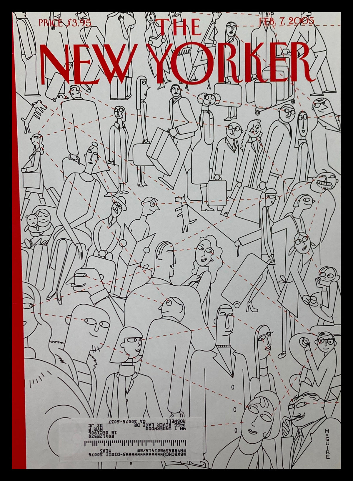 Cover only of The New Yorker dated February 7, 2005, featuring the illustration 'Cupid's Arrow' by Richard McGuire, showcasing a whimsical depiction of various characters in a crowded setting.
