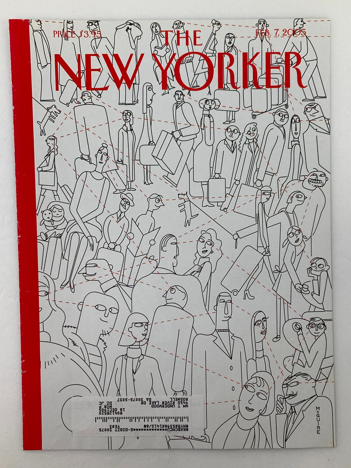 Cover only of The New Yorker dated February 7, 2005, depicting Richard McGuire's art style with a crowded, whimsical scene, reflecting the theme 'Cupid's Arrow'.