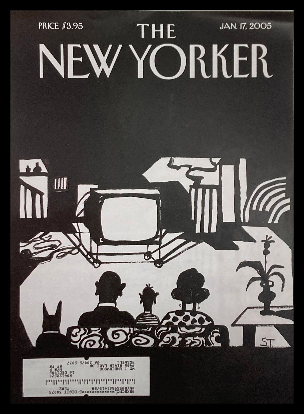 The New Yorker cover dated January 17, 2005, illustrated by Saul Steinberg, featuring a stylized depiction of a family watching television, highlighting the theme of Tsunami response.