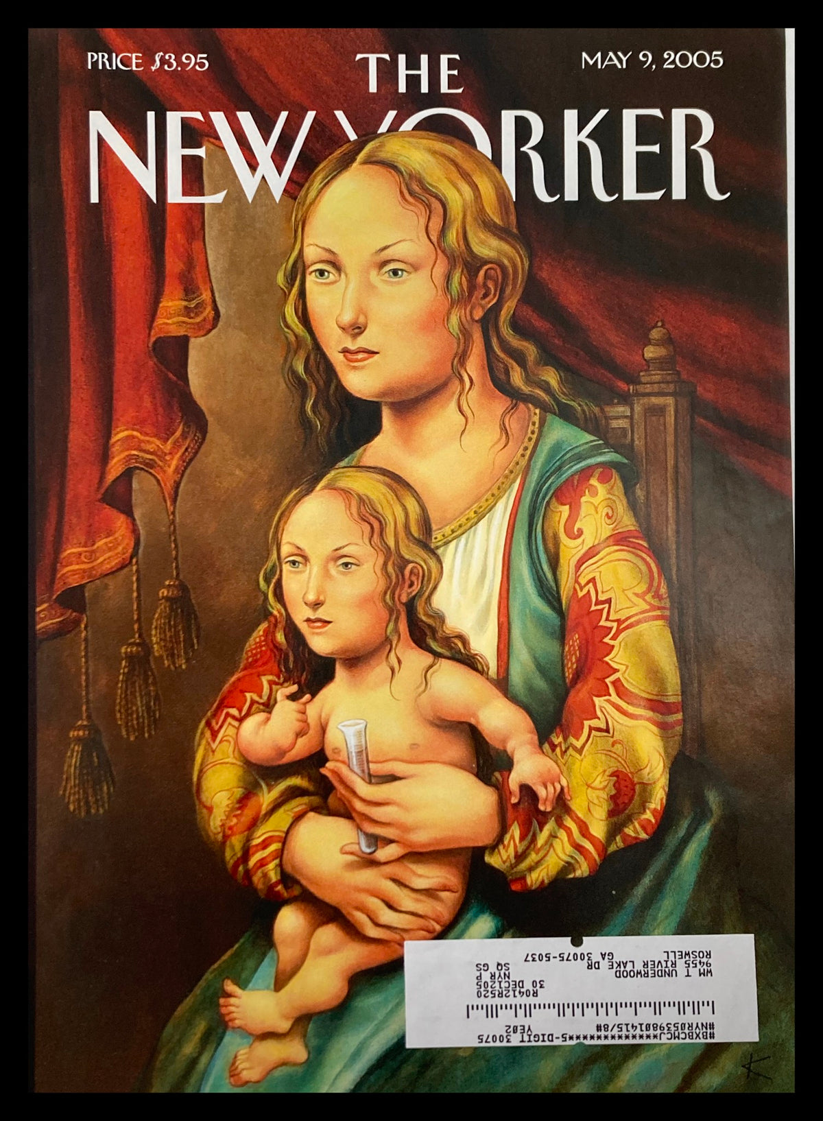 Cover of The New Yorker from May 9, 2005 titled 'Like Mother, Like Daughter' by Anita Kunz, featuring a mother holding her child against a rich backdrop.