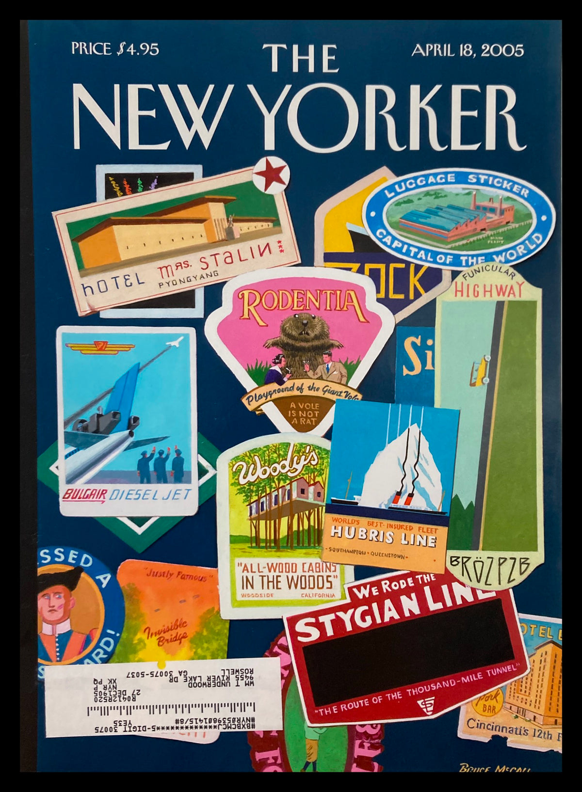 Cover of The New Yorker April 18 2005 titled 'The Dollar Problem' by Bruce McCall featuring colorful artwork and a satirical depiction of economic themes.