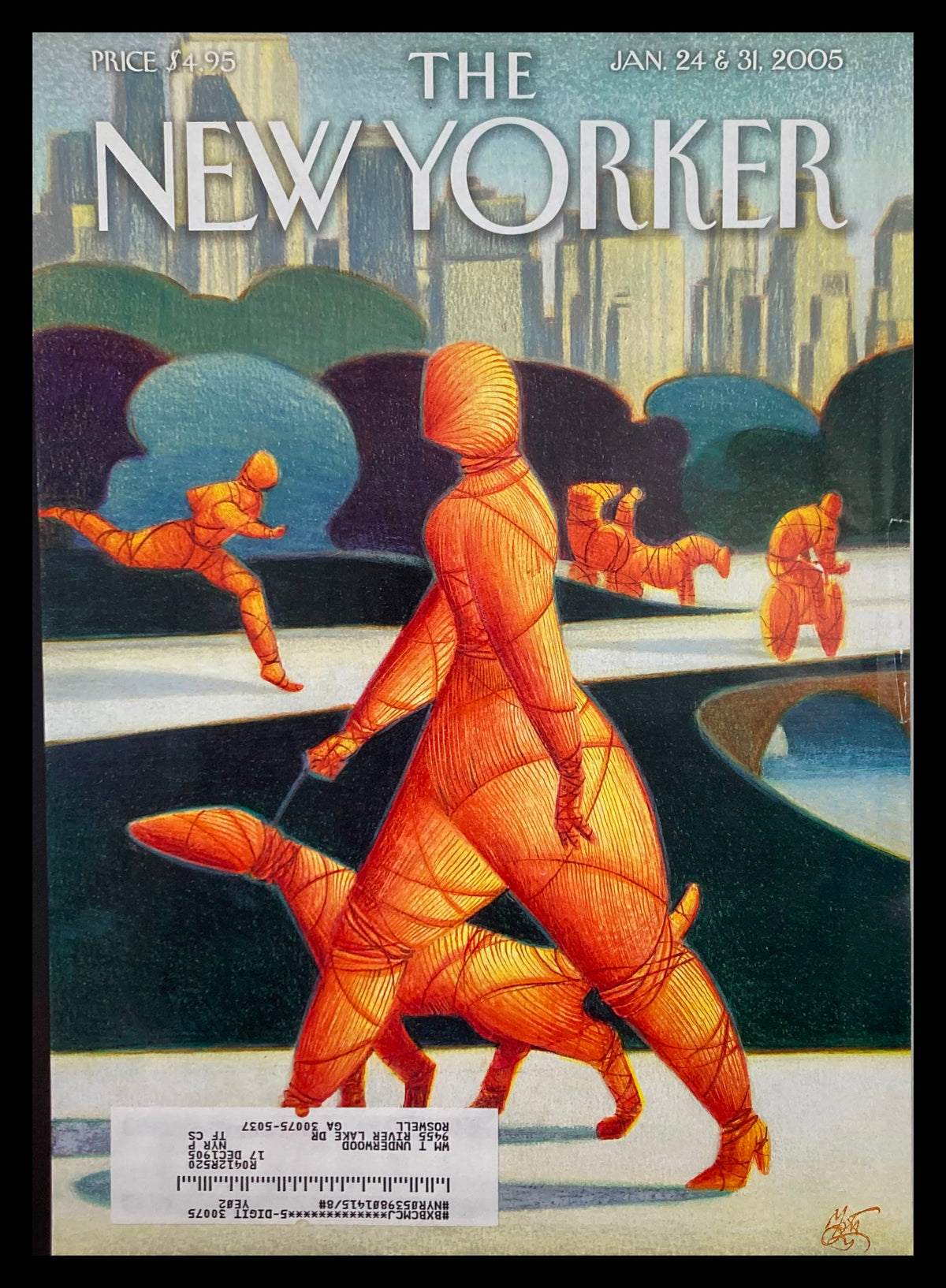 Cover of The New Yorker January 24 2005 featuring Central Park artwork by Lorenzo Mattotti, showcasing vibrant, abstract figures and dogs in a whimsical park setting.