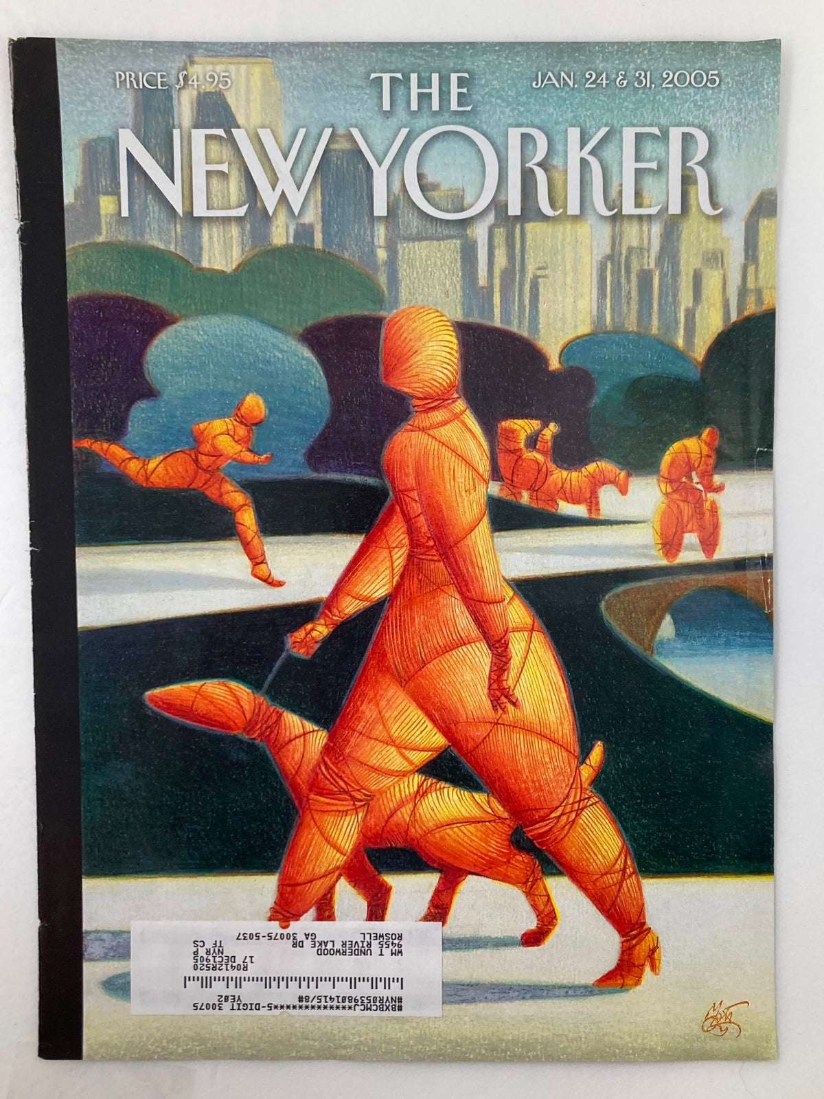 Cover of The New Yorker January 24 2005 displaying artistic depiction of Central Park by Lorenzo Mattotti, illustrating colorful abstract figures and pets in a lively scene.