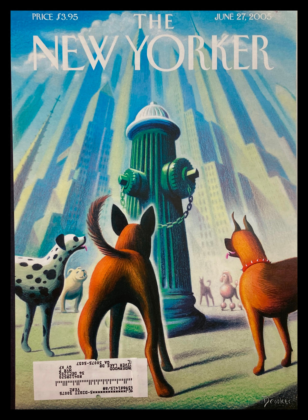 Cover of The New Yorker dated June 27, 2005, featuring an illustration titled 'The Marijuana Decision' by Eric Drooker, depicting dogs facing a fire hydrant in an urban setting.