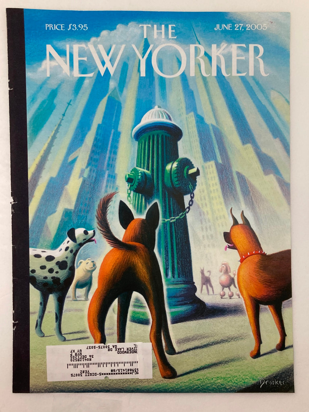 Cover of The New Yorker from June 27, 2005, showcasing 'The Marijuana Decision' artwork by Eric Drooker, featuring various dogs looking towards a fire hydrant amid dramatic urban scenery.