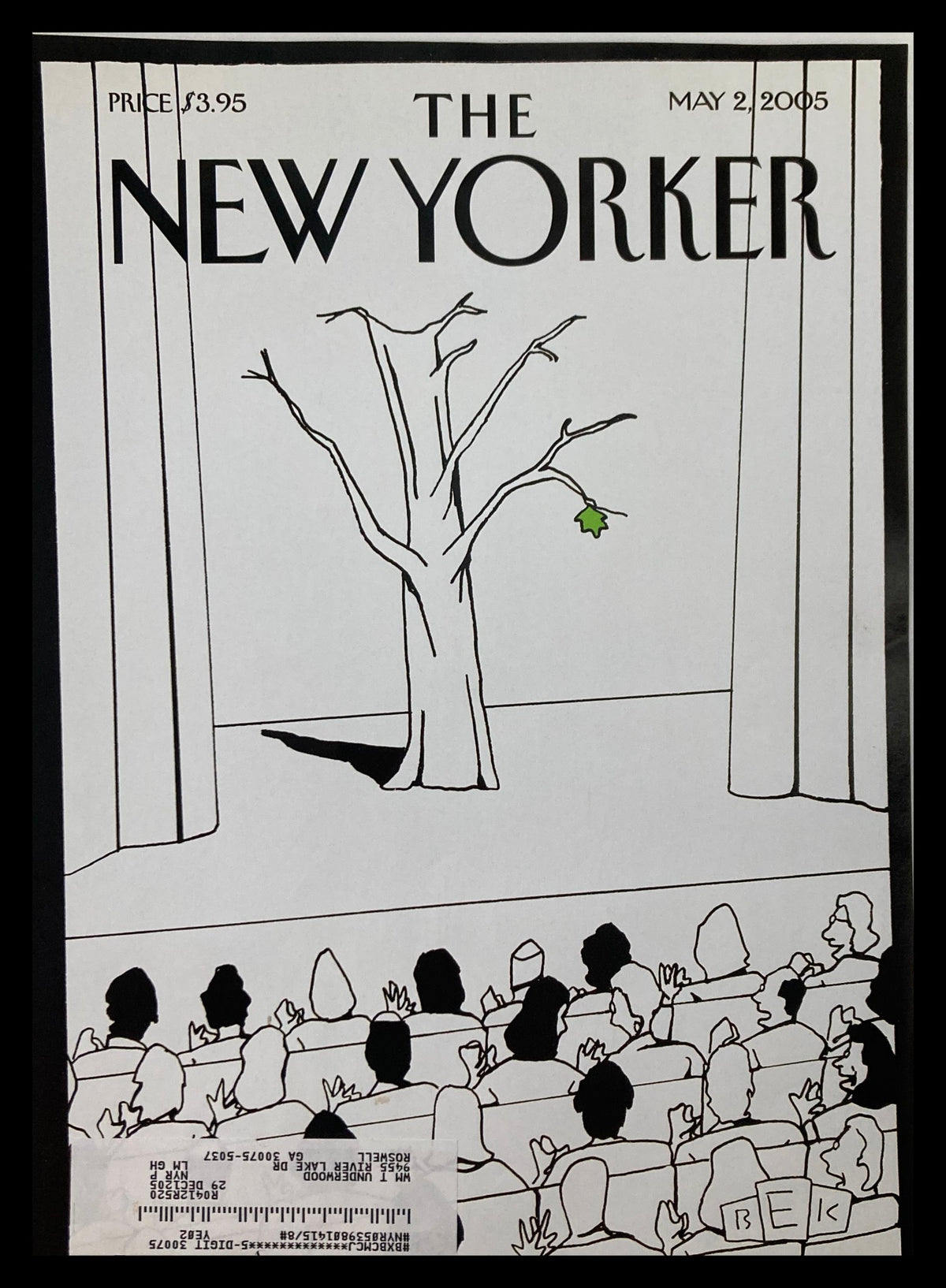 The New Yorker May 2 2005 cover featuring 'Bravo, Spring' by Bruce Eric Kaplan, depicting a barren tree with a single new leaf and an audience in silhouette. A striking representation of springtime and creativity.