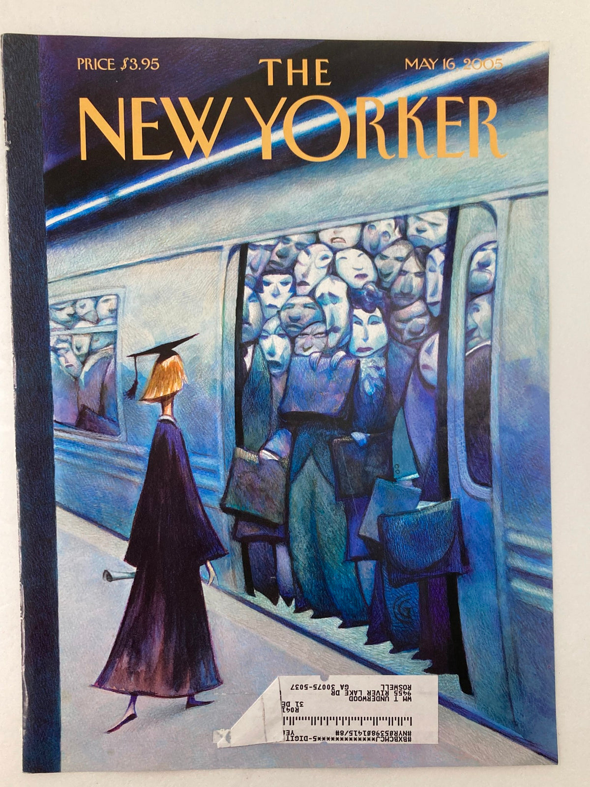 COVER ONLY The New Yorker May 16 2005 On Her Way by Carter Goodrich, showcasing an artistic depiction of a solitary figure in a graduation gown beside a group of people in a subway, highlighting the unique visual storytelling of the publication.