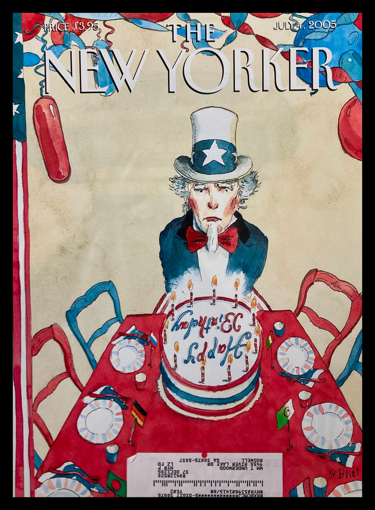 COVER ONLY The New Yorker July 4 2005 Party of Clad by Barry Blitt, featuring Uncle Sam at a festive table with a birthday cake, celebrating independence.
