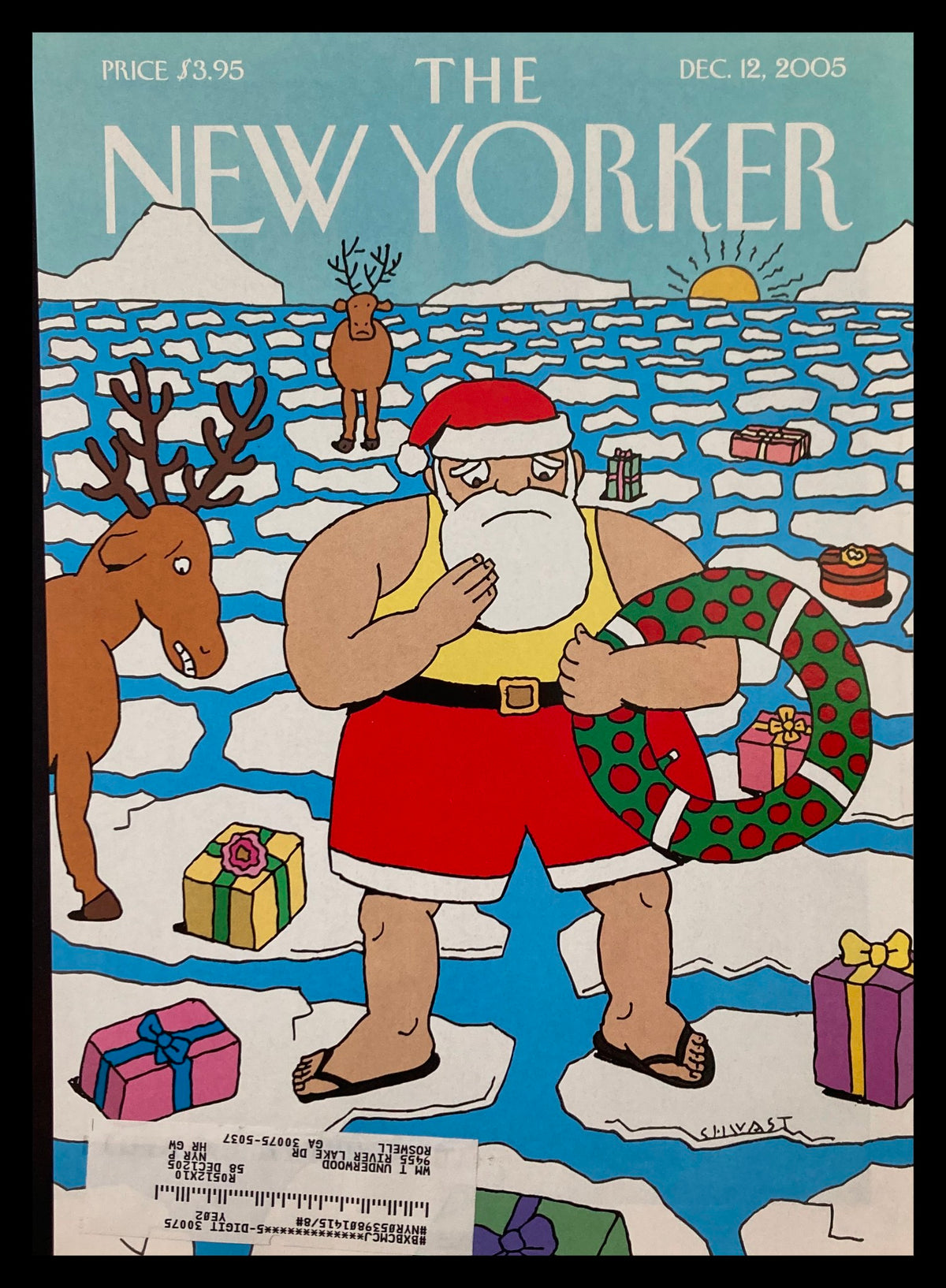 COVER ONLY The New Yorker December 12 2005, featuring whimsical holiday design by Seymour Chwast with Santa, a reindeer, and gifts on ice.