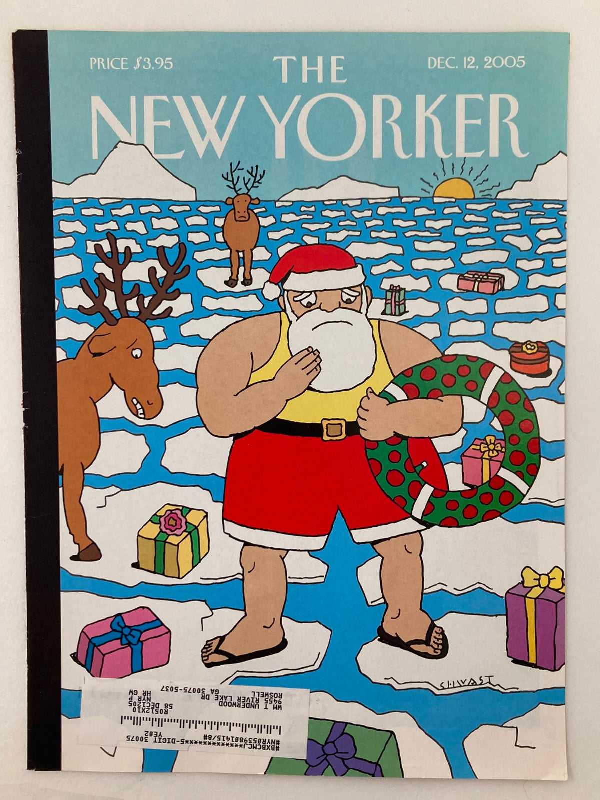 COVER ONLY The New Yorker December 12 2005, showcasing Seymour Chwast's festive illustration of Santa and a reindeer amidst holiday gifts on frozen ice.
