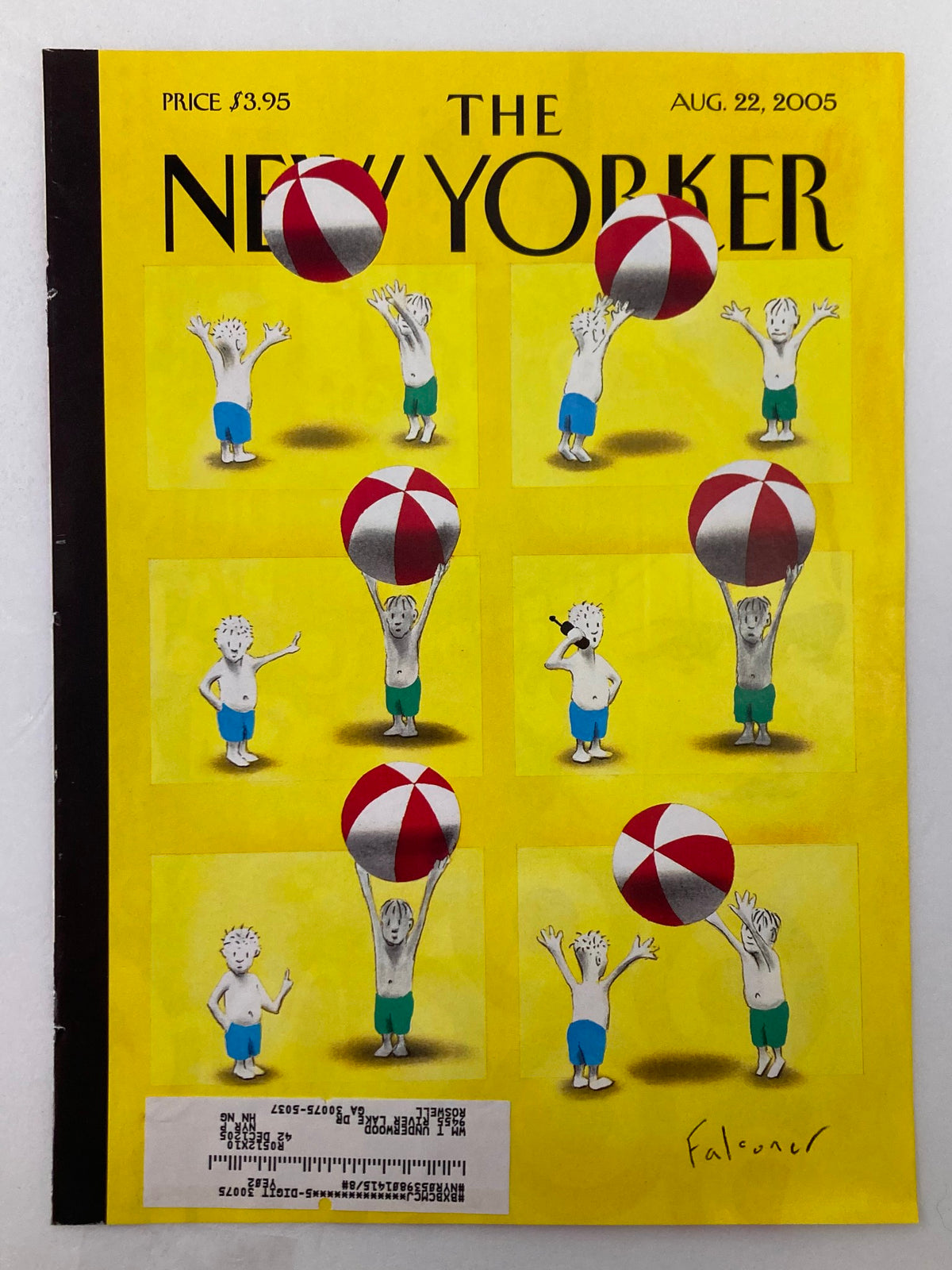 The New Yorker cover from August 22, 2005, titled 'Please Hold' by Ian Falconer, showcasing playful scenes of kids with beach balls, set against a vibrant yellow backdrop.