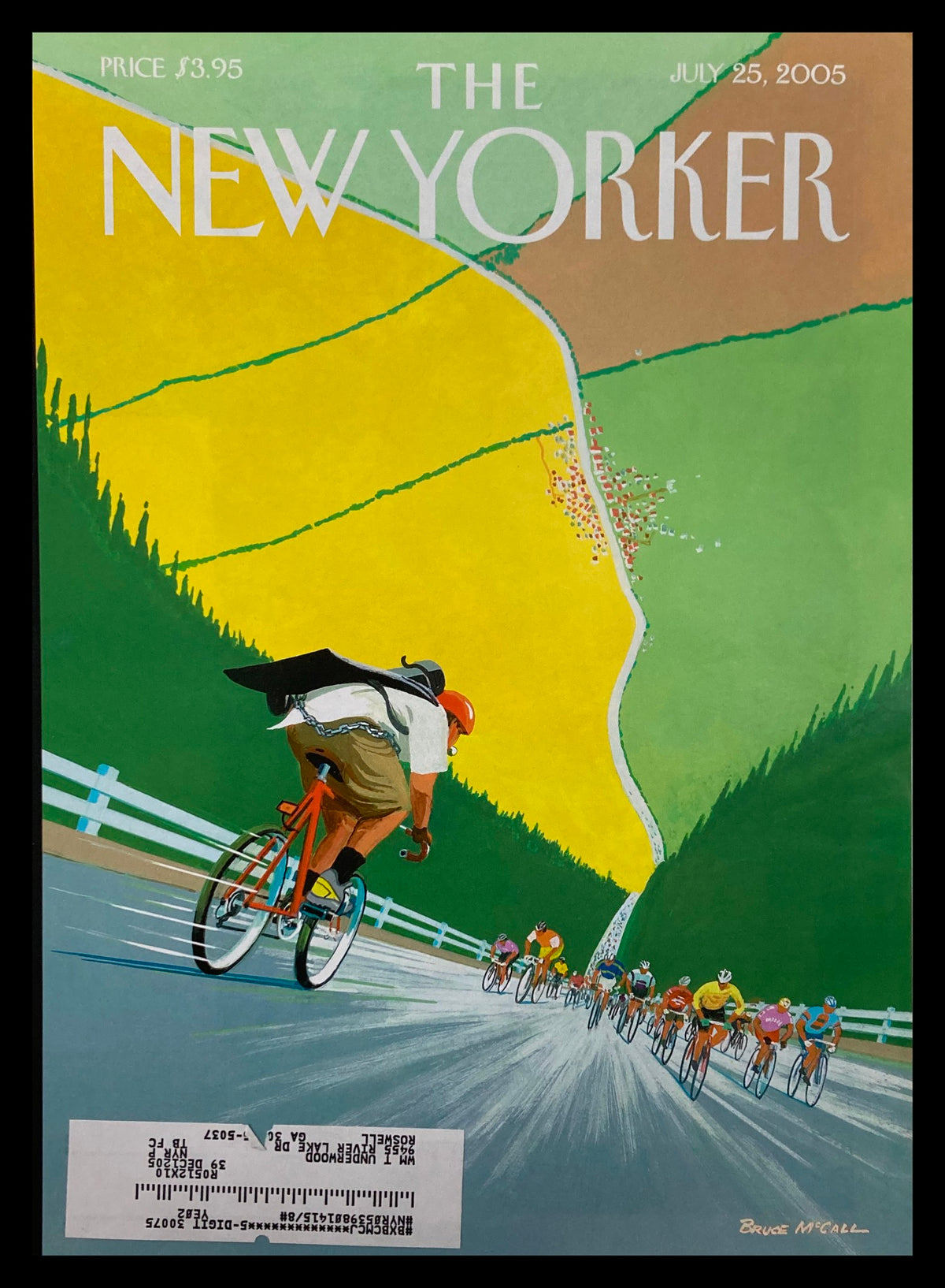 Cover of The New Yorker July 25, 2005, titled 'Tour de Force' by Bruce McCall, depicting a vibrant cycling scene with cyclists racing on a colorful landscape.