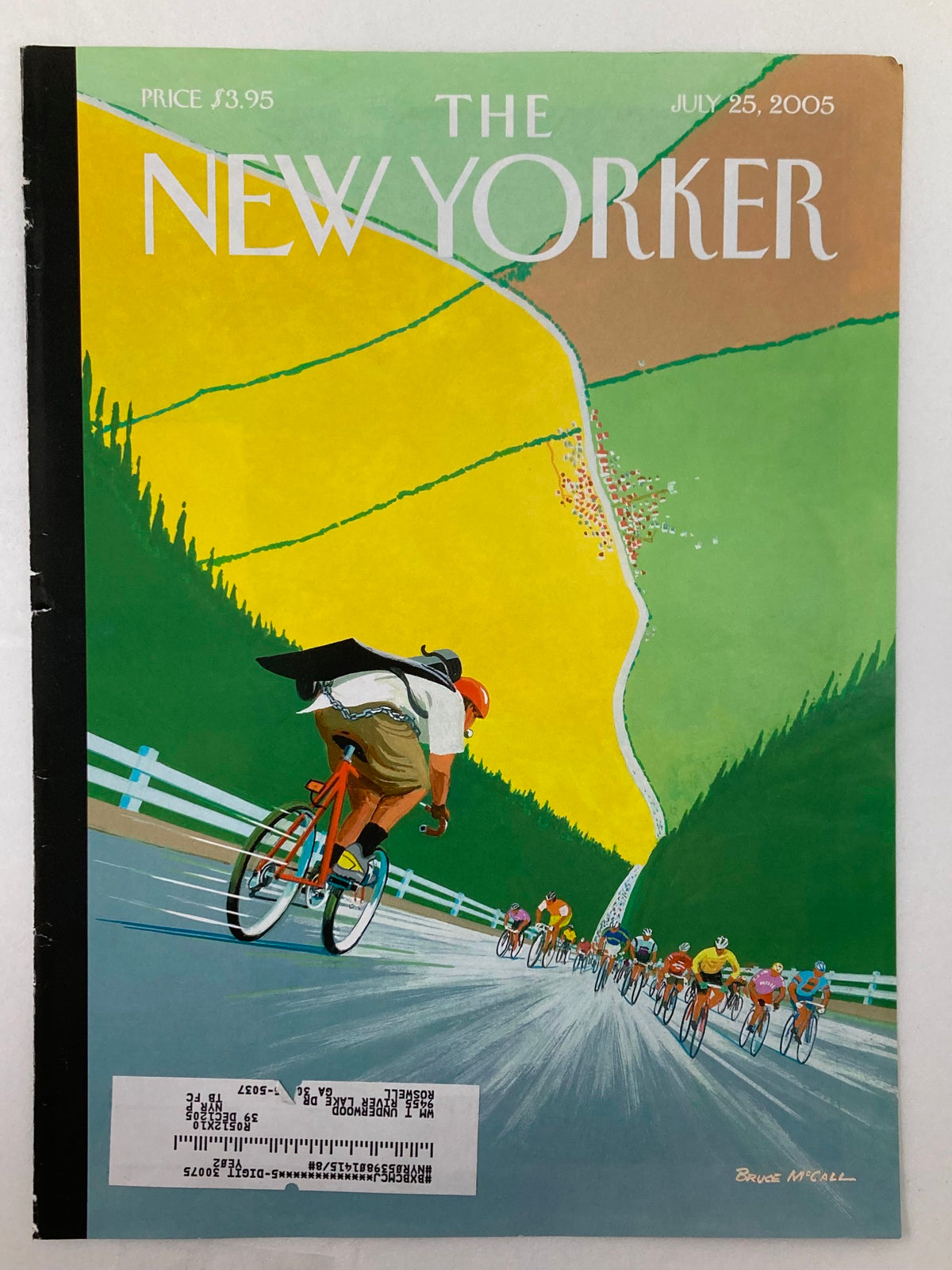 Cover of The New Yorker July 25, 2005, titled 'Tour de Force' by Bruce McCall, showcasing an animated bicycle race against a backdrop of rolling hills and bright colors.