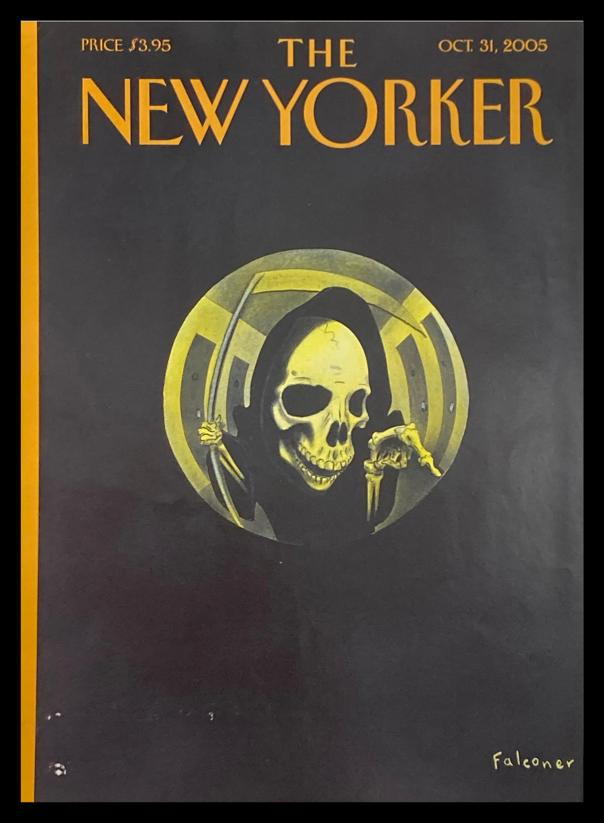 Cover art of The New Yorker October 31, 2005, titled 'Trick or Treat' by Ian Falconer, featuring a grim reaper skeleton illustration, ideal for Halloween-themed collections.