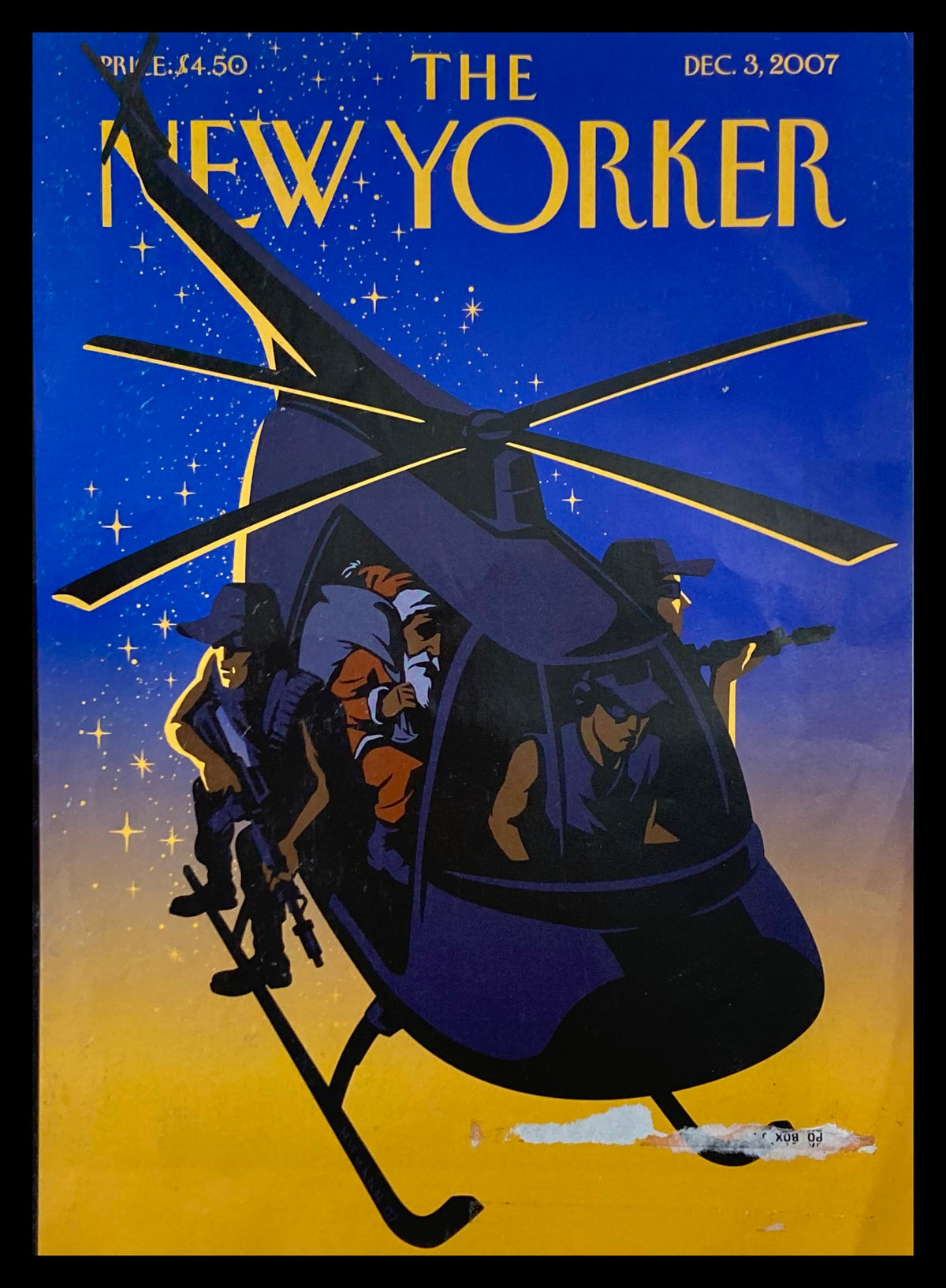 Cover of The New Yorker December 3 2007 titled 'Violent Night' by Christoph Niemann featuring a helicopter with characters in action against a starry night background.
