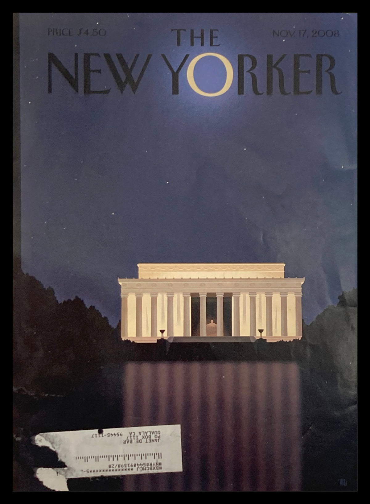Cover of The New Yorker November 17 2008 Reflection by Bob Staake, featuring a nighttime image of the Lincoln Memorial illuminated against a dark sky.