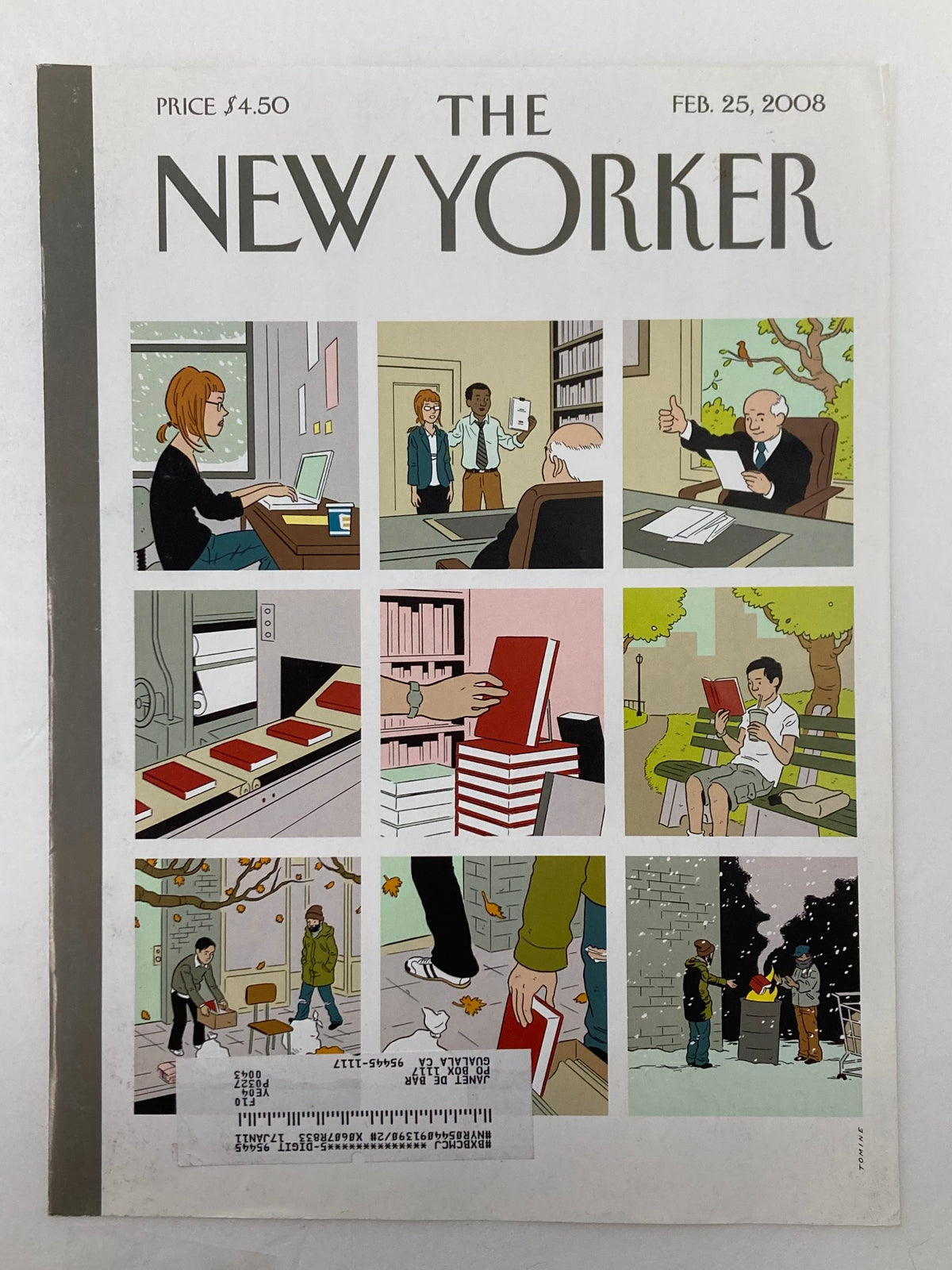 Cover of The New Yorker February 25 2008 titled 'Shelf Life' by Adrian Tomine, featuring a collage of illustrated scenes depicting everyday life and activities.
