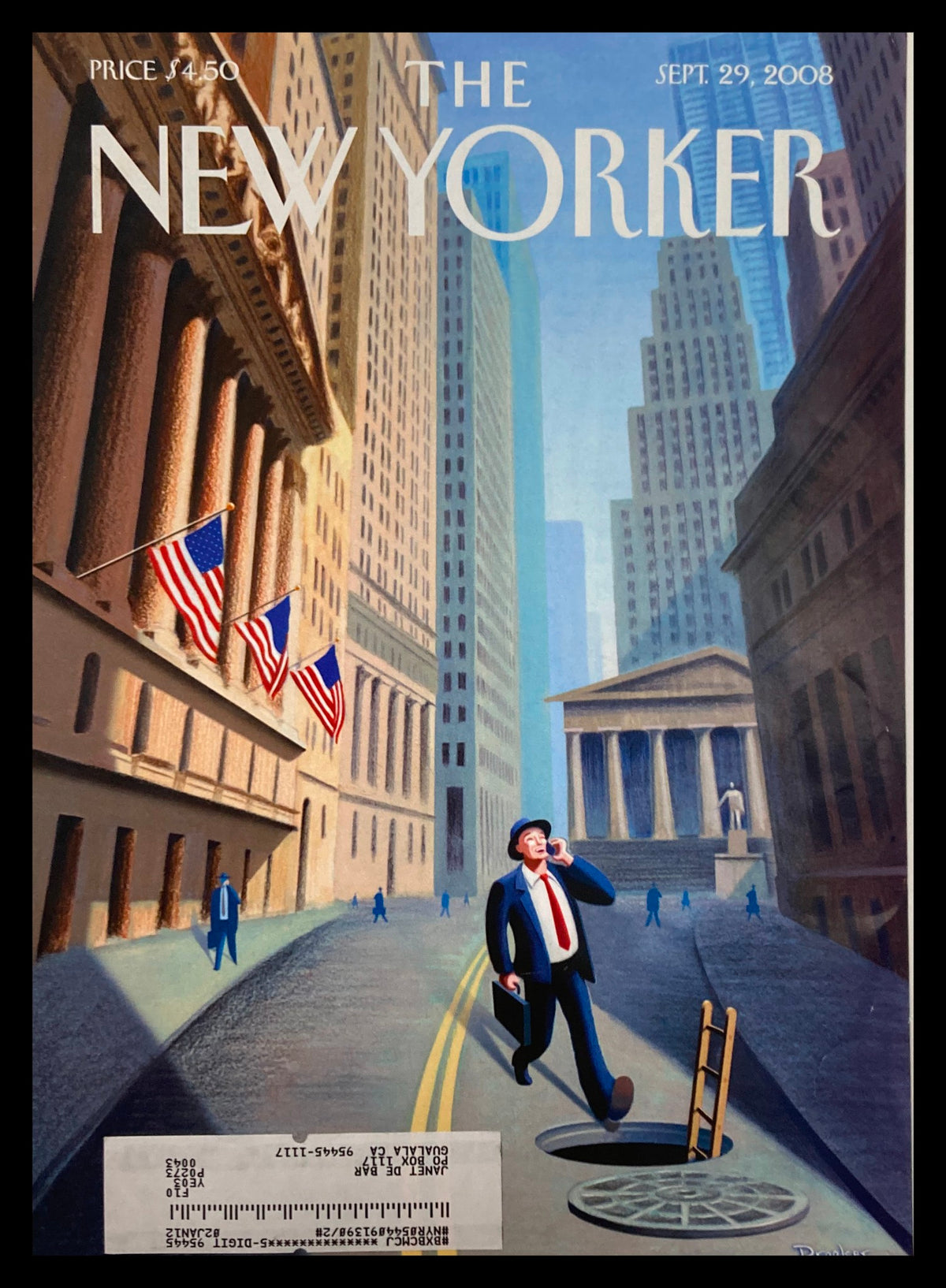 The New Yorker Cover - Street Hole by Eric Drooker, depicting a businessman walking past a street hole in an urban setting, dated September 29, 2008.