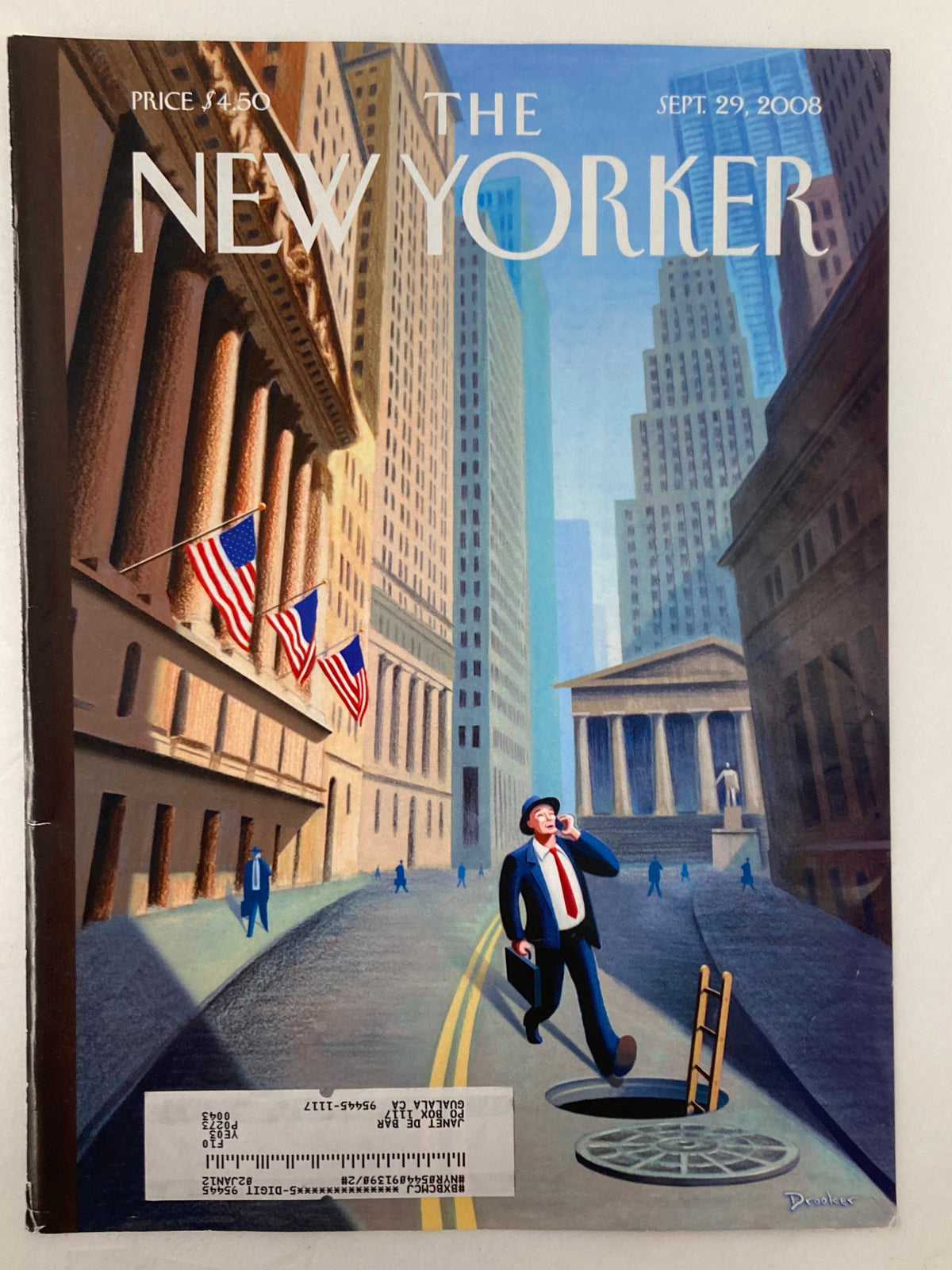 The New Yorker Cover - Street Hole by Eric Drooker, showcasing a vibrant illustration of a businessman in a cityscape with a street hole, dated September 29, 2008.