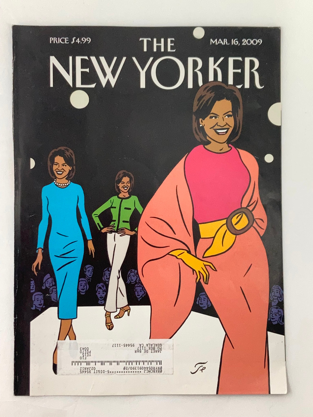 Cover only of The New Yorker from March 16, 2009 depicting Michelle Obama by Jean-Claude Floc'h, highlighting artistic illustrations in vibrant colors with a focus on modern fashion.