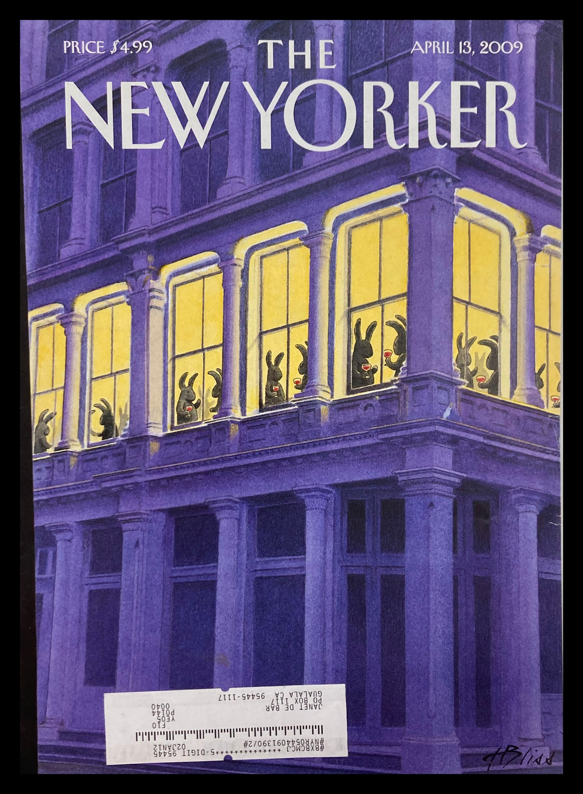 COVER ONLY The New Yorker April 13 2009 Bunny Get-Together by Harry Bliss showcasing a whimsical illustration of bunnies in a gathering behind large windows, capturing humor and artistry.