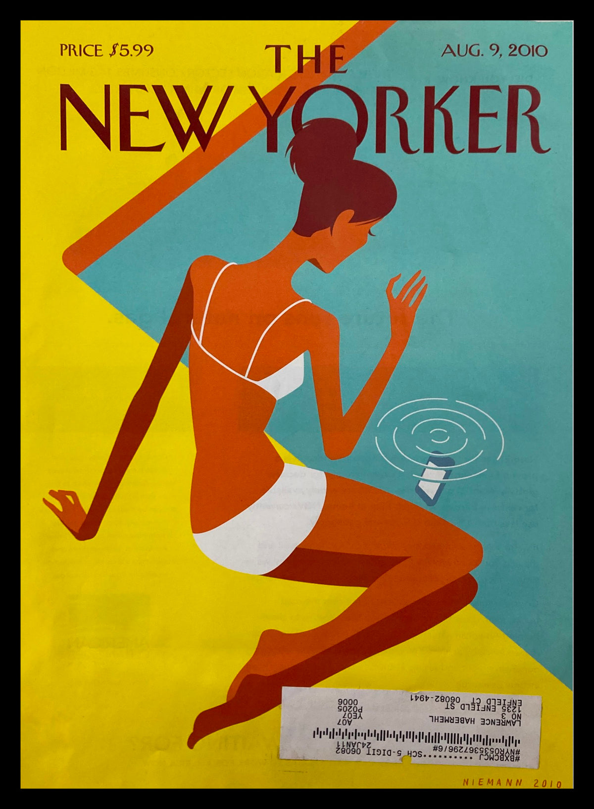Cover of The New Yorker August 9, 2010 titled 'Dropped Call' by Christoph Niemann featuring a colorful illustration of a woman in a swimsuit thinking about a dropped phone, perfect for collectors.