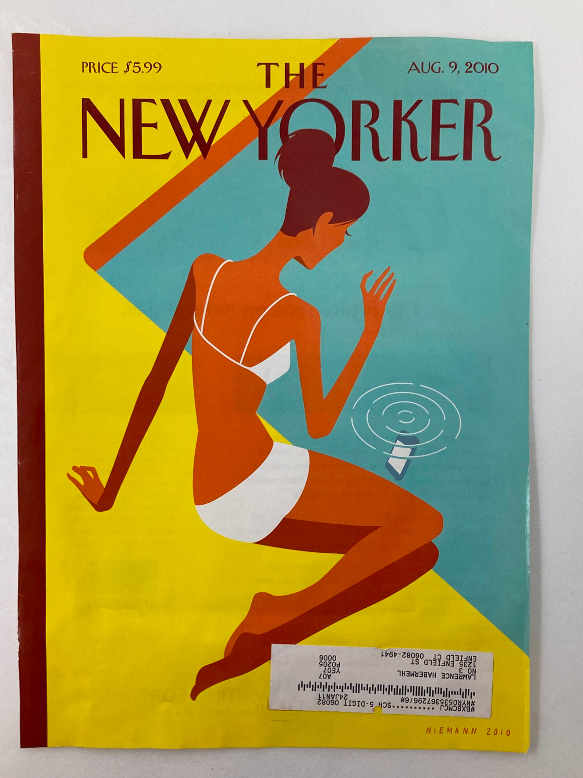 Cover of The New Yorker August 9, 2010 titled 'Dropped Call' by Christoph Niemann showcasing vibrant artwork of a woman sitting by a pool, suitable for framing or decorative purposes.