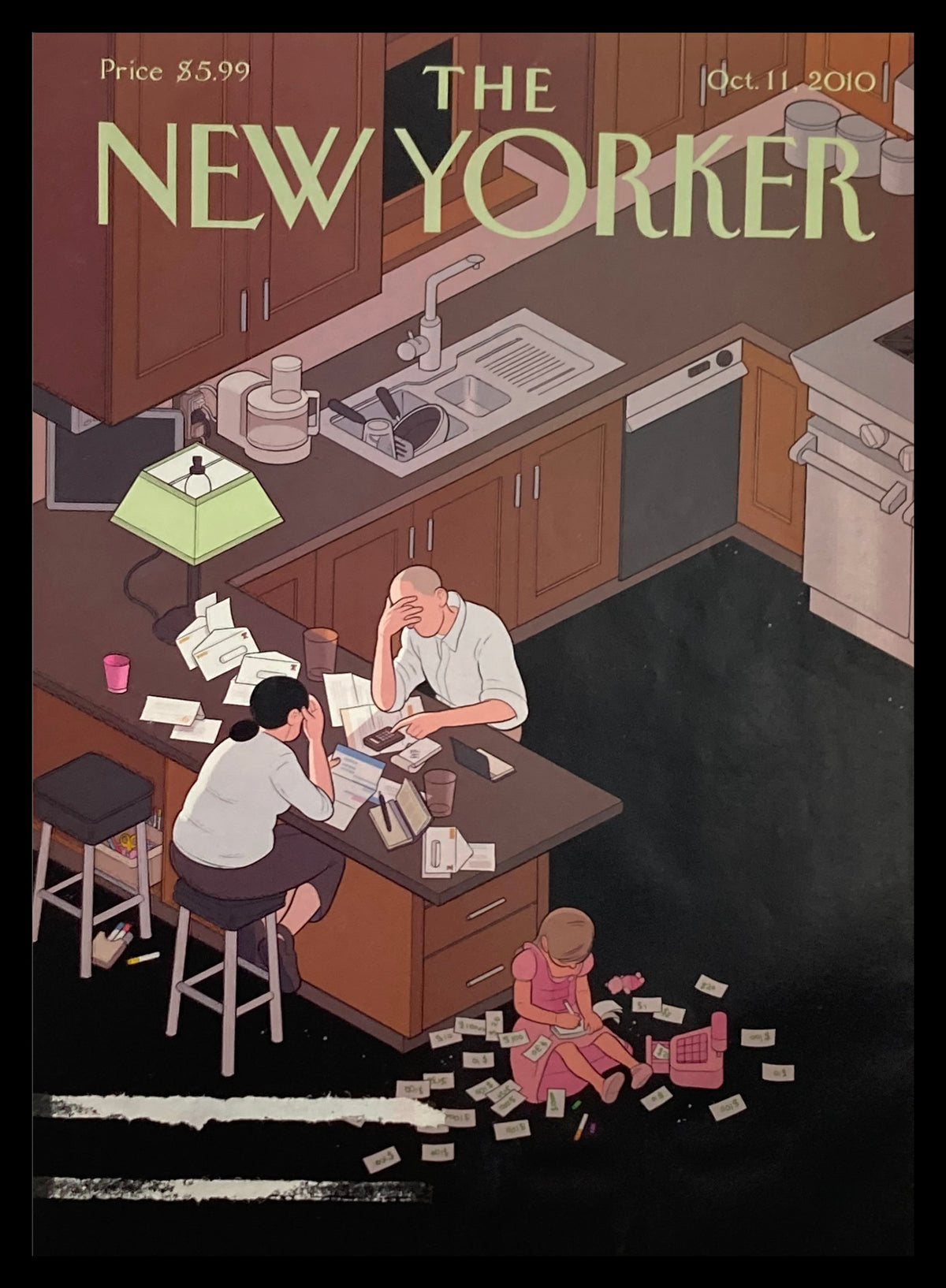 Cover of The New Yorker October 11 2010 Dues and Bills by Chris Ware, featuring a kitchen scene with characters discussing bills, showcasing Chris Ware's distinctive art style.