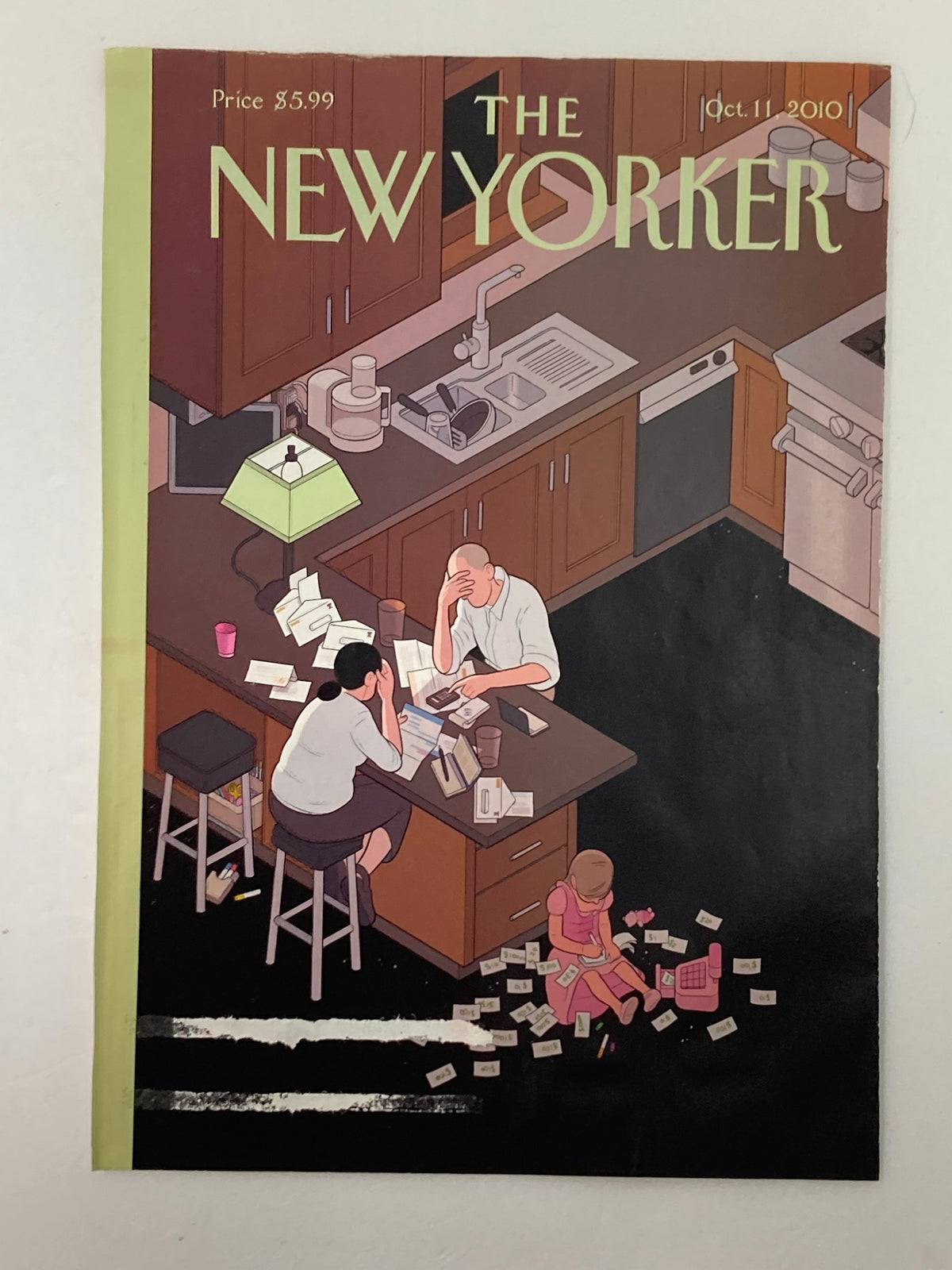 Alternate view of The New Yorker October 11 2010 Dues and Bills by Chris Ware, highlighting the magazine's cover art with a kitchen setting and characters amidst scattered bills.