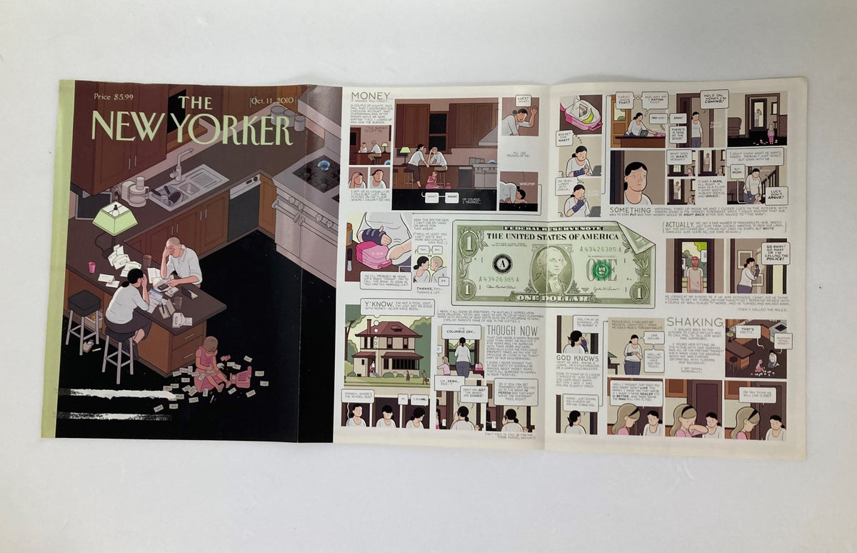 Inside layout of The New Yorker October 11 2010 Dues and Bills by Chris Ware, displaying the magazine's cover along with additional illustrated content and dialogue in a creative design.