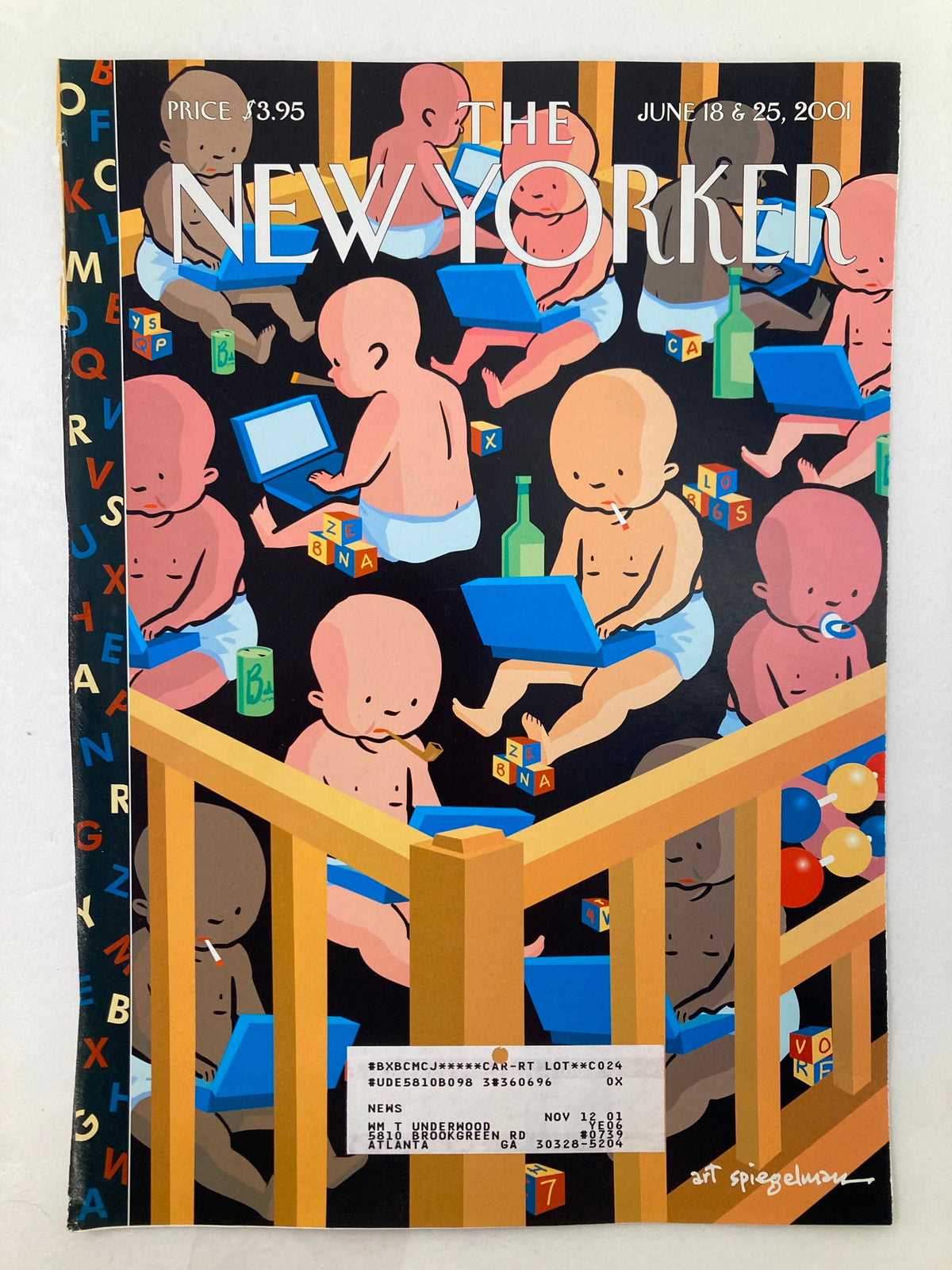 The New Yorker magazine cover from June 18, 2001, 'Babies at Work' by Art Spiegelman, illustrating babies interacting with laptops and toys, showcasing a whimsical interpretation of childhood.