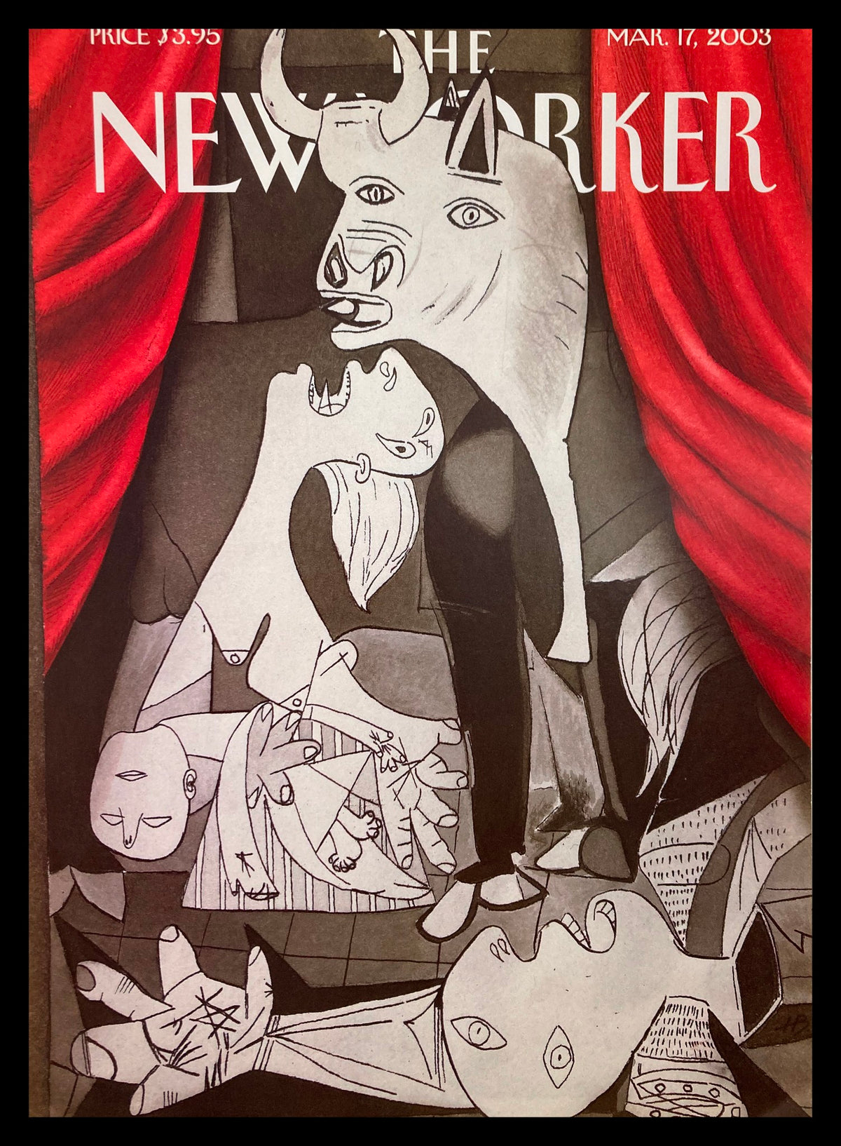 The New Yorker Cover March 17, 2003 titled 'Setting the Stage' by Harry Bliss, featuring vibrant colors, a dramatic scene with a bull and abstract characters, ideal for collectors.
