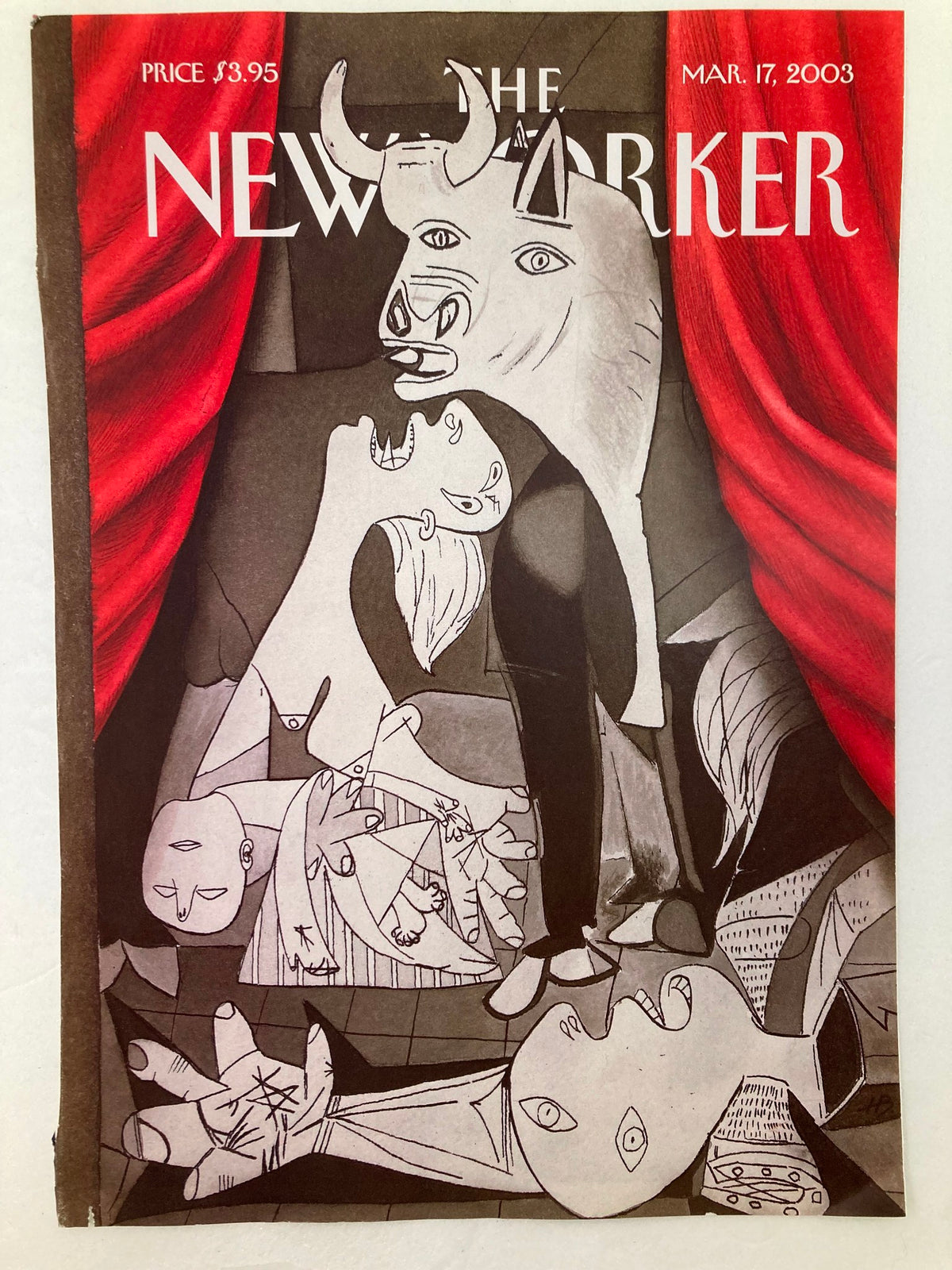 The New Yorker Cover March 17, 2003 titled 'Setting the Stage' by Harry Bliss, showcasing a striking artistic design with bold red curtains and unique illustrations, perfect for decor.