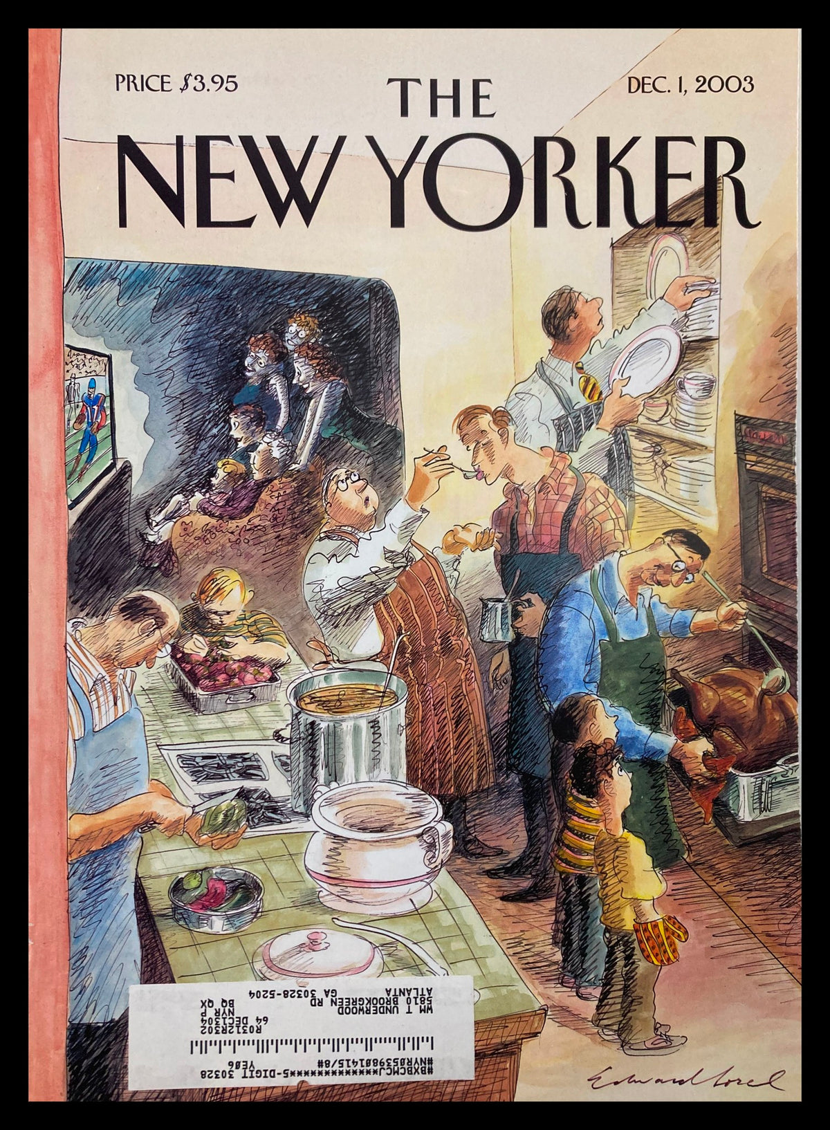 The New Yorker cover dated December 1, 2003, illustrated by Edward Sorel, depicting a lively kitchen scene with characters engaged in various culinary activities.
