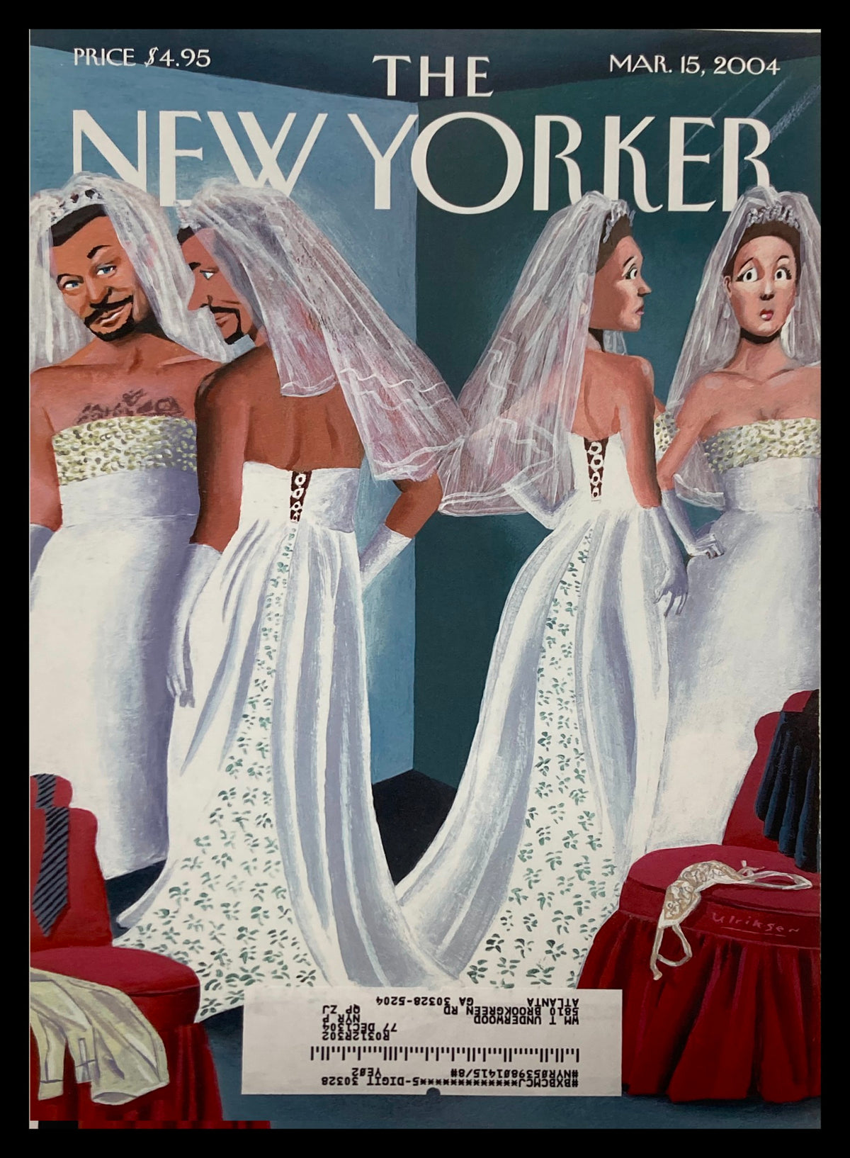 Cover of The New Yorker dated March 15, 2004, titled 'Dress Reversal' by Mark Ulriksen. The illustration features a humorous depiction of a couple in wedding attire, showcasing their playful expressions and bridal outfits against a vibrant backdrop.