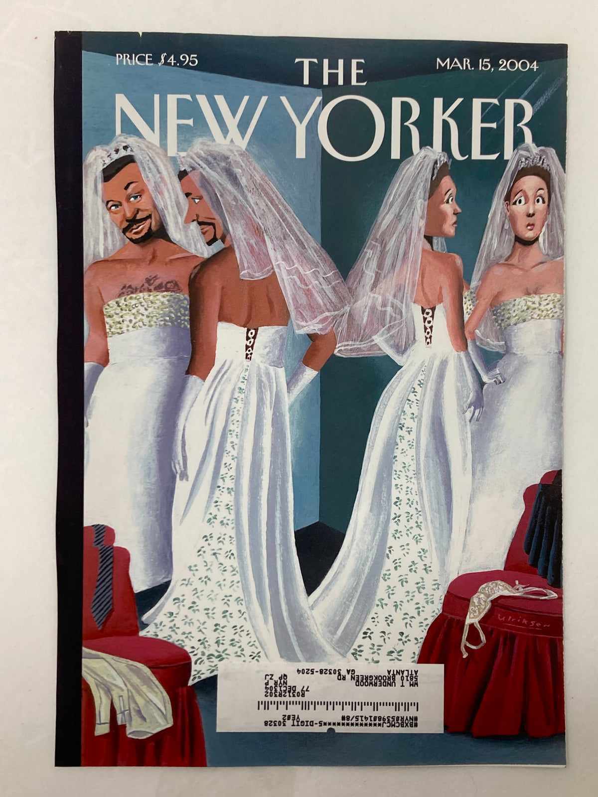 Cover of The New Yorker dated March 15, 2004, titled 'Dress Reversal' by Mark Ulriksen. The artwork presents a whimsical scene with a couple dressed in wedding gowns, including their lively expressions and colorful wedding attire, set in a creative artistic style.