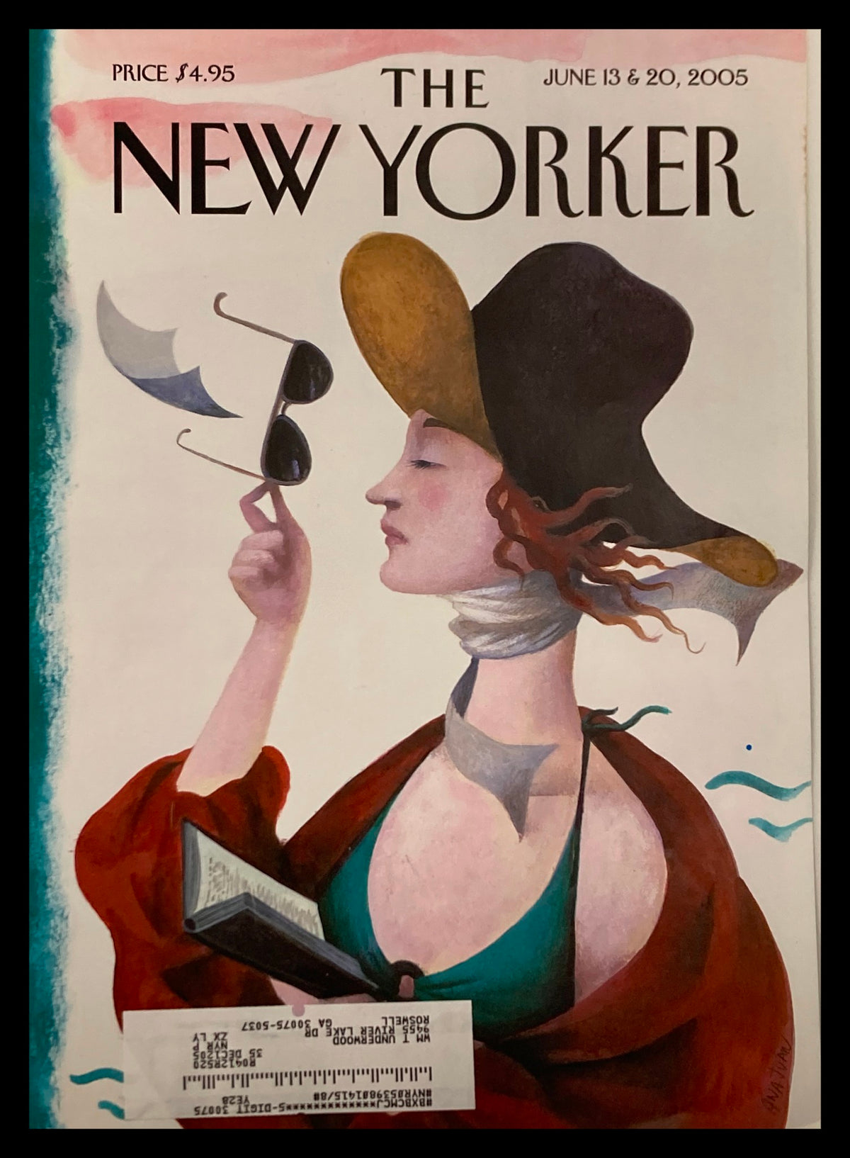 Cover of The New Yorker dated June 13, 2005, featuring artwork titled 'Debut on the Beach' by Ana Juan, depicting a woman wearing a large hat, holding sunglasses, capturing a summer vibe.