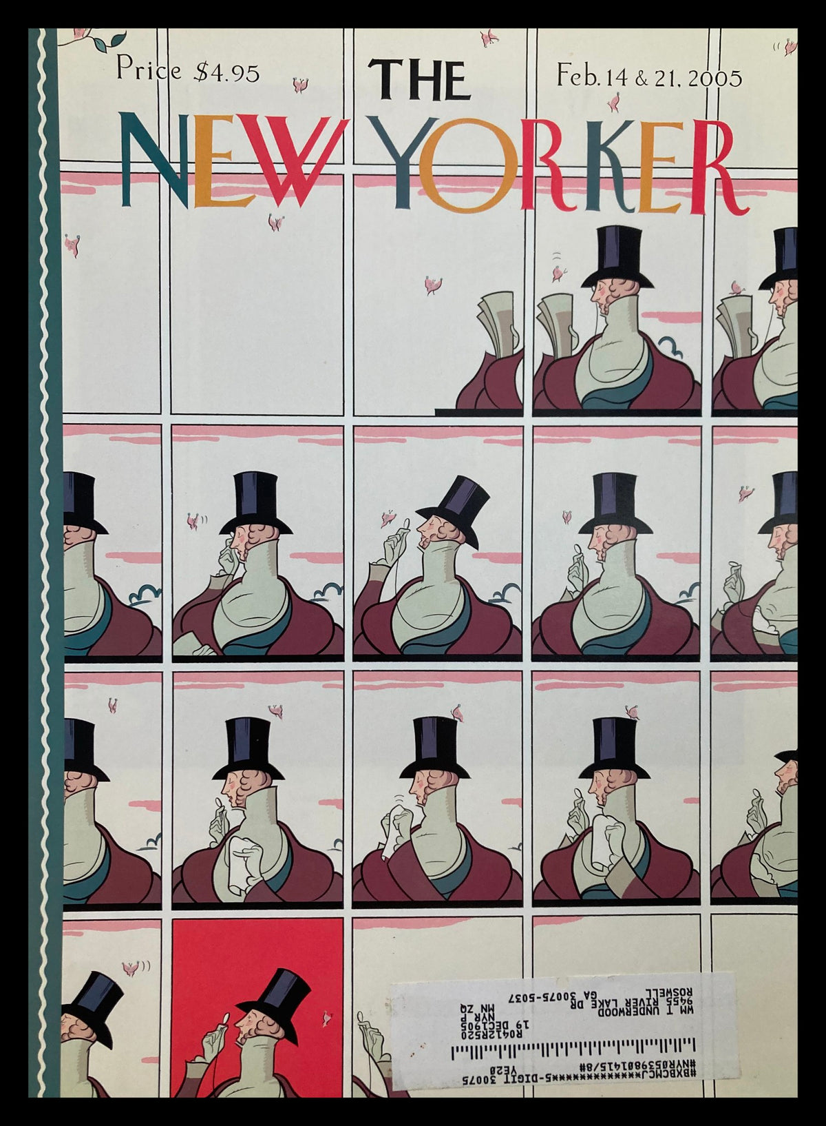 The New Yorker cover from February 14, 2005, featuring the illustration 'European Rules' by Chris Ware, depicting a humorous scene with a character in a top hat in multiple panels.