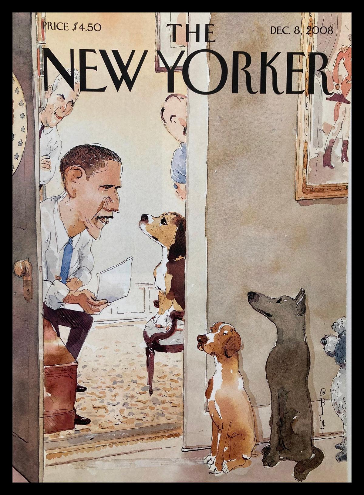 The New Yorker Cover Only December 8 2008 featuring a caricature of Barack Obama illustrated by Barry Blitt, depicting a humorous scene with dogs observing Obama, ideal for vintage magazine collectors.