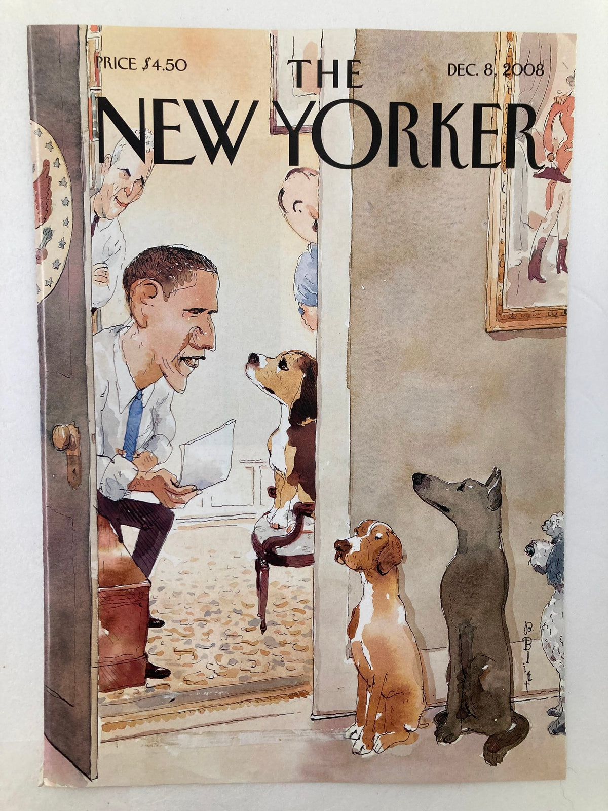 The New Yorker Cover Only December 8 2008 featuring Barry Blitt's illustration of Barack Obama with dogs, capturing a whimsical moment, perfect for collectors of political art and vintage magazines.