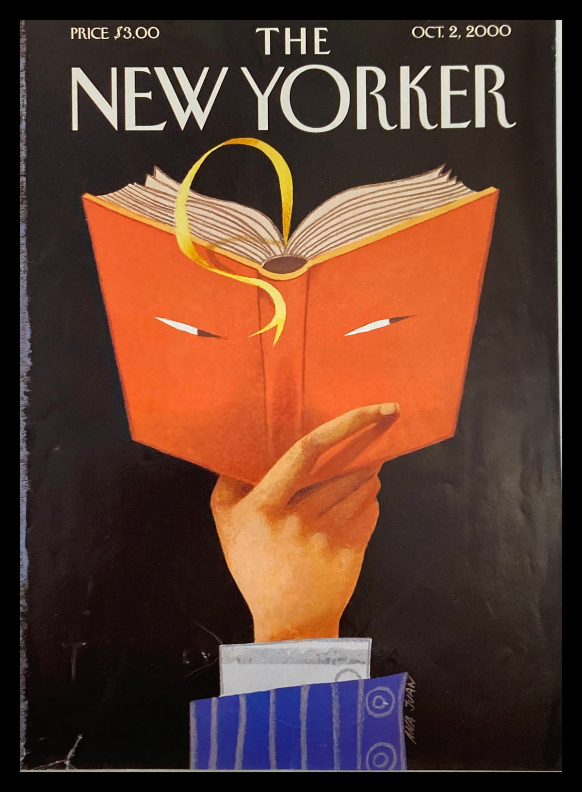 Cover of The New Yorker magazine, October 2, 2000 titled 'Page-Turner' by Ana Juan, featuring a hand holding an orange book with an artistic design.