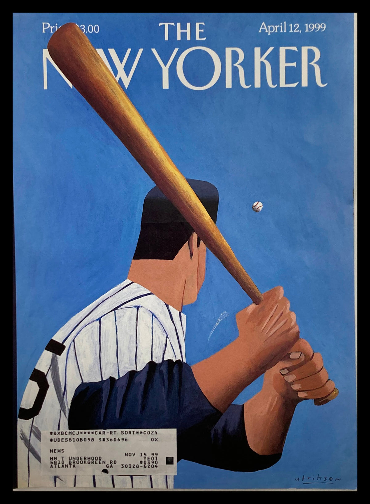 COVER ONLY The New Yorker April 12 1999 Opening Day by Mark Ulriksen, featuring a baseball player in a striped jersey holding a bat poised to swing, vivid artwork celebrates the excitement of baseball season.