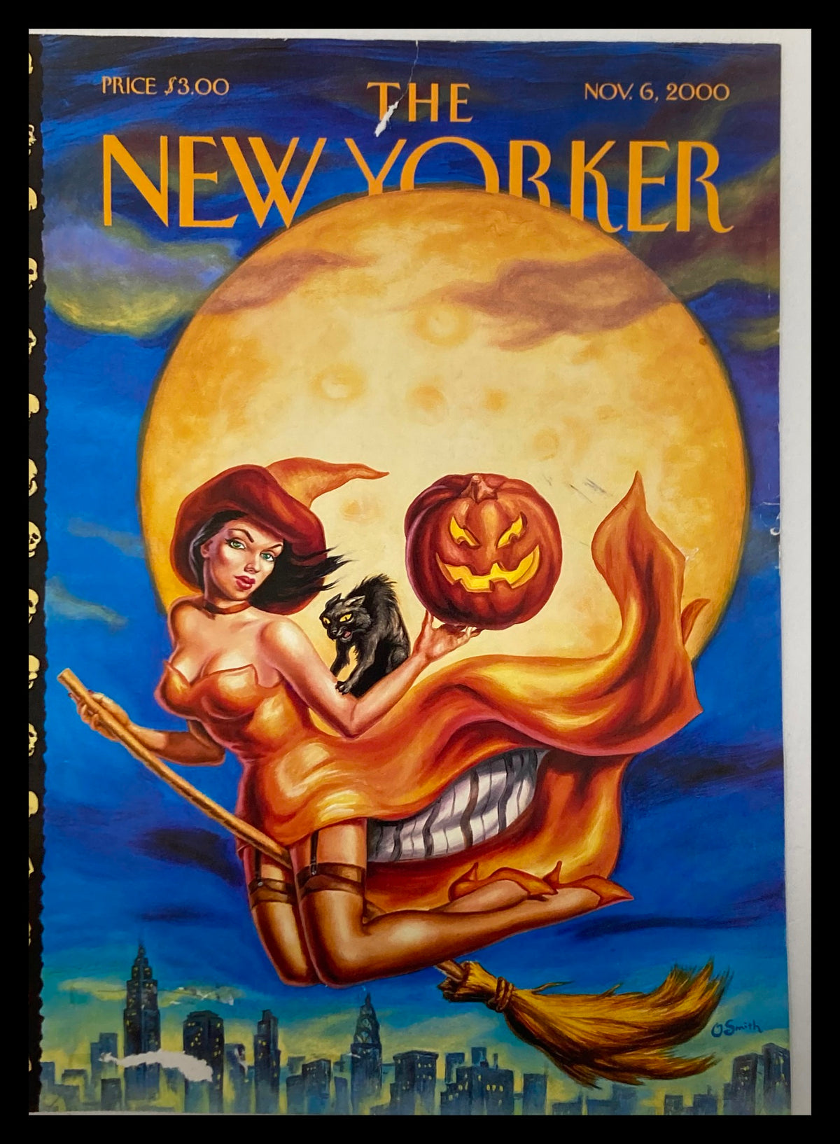 The New Yorker November 6, 2000 cover featuring the Sexy Witch by Owen Smith, showcasing a witch with a carved pumpkin, silhouetted against a full moon, perfect for Halloween art collectors.
