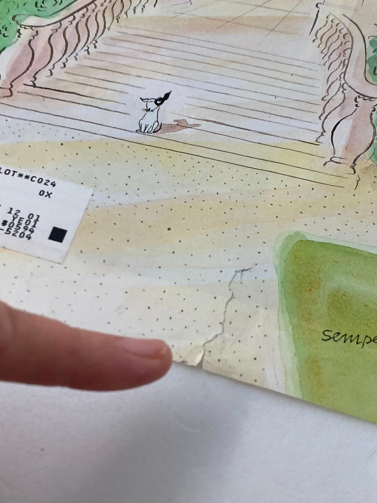 Close-up detail of The New Yorker March 12 2001 cover 'On His Way' by Jean Jacques Sempe, highlighting the condition of the artwork with a visible crease.