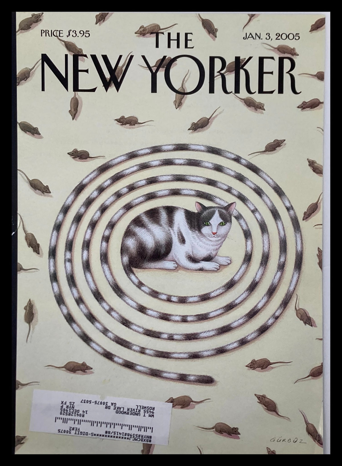 Cover of The New Yorker dated January 3, 2005, featuring a whimsical illustration titled 'A Better Mousetrap' by Gürbüz D. Eksioglu, depicting a cat amidst a spiral of mice.