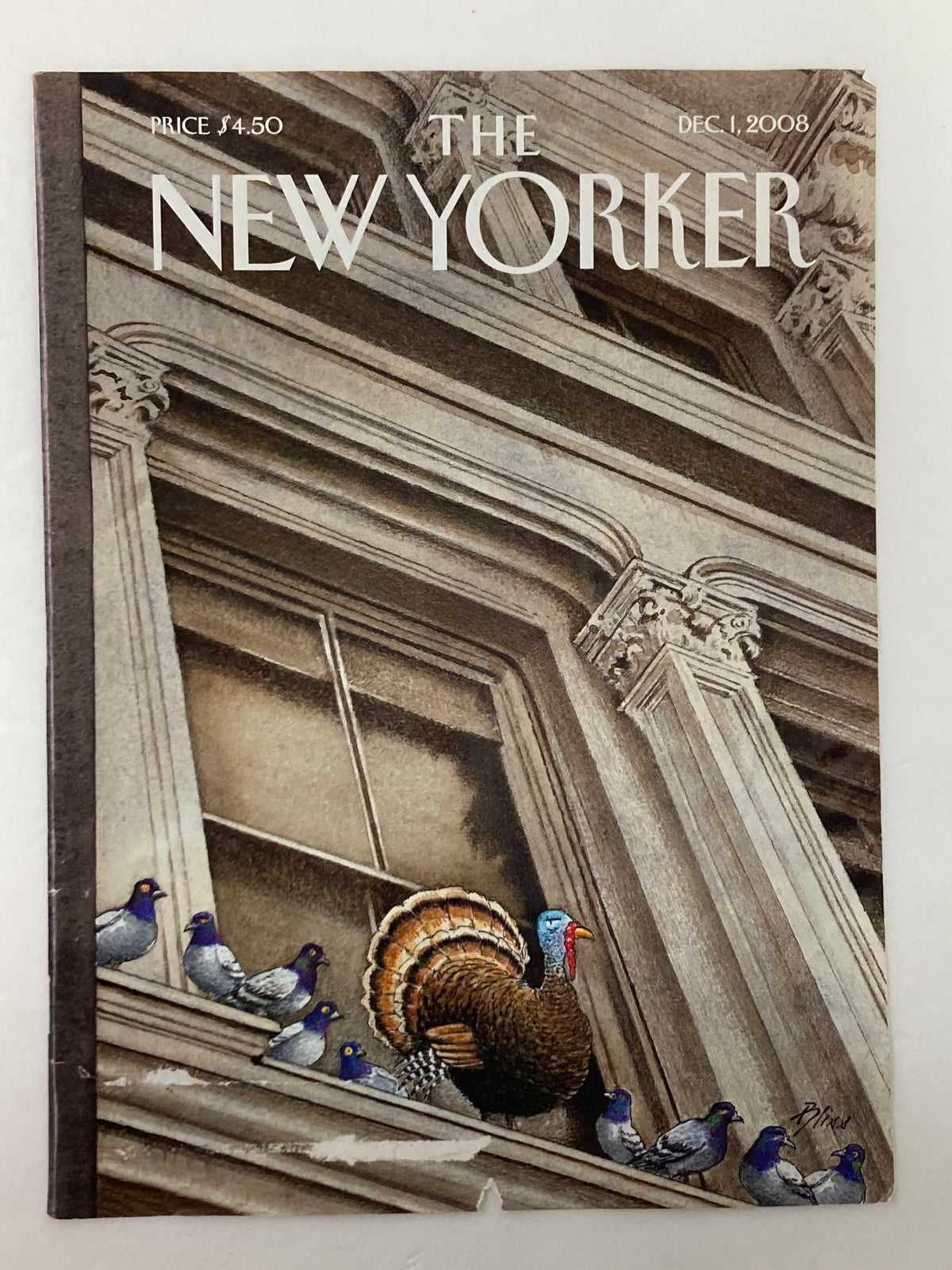 Cover of The New Yorker dated December 1, 2008, titled 'Turkey at Peace' by Harry Bliss, featuring a turkey outside a window surrounded by birds on a historic building.