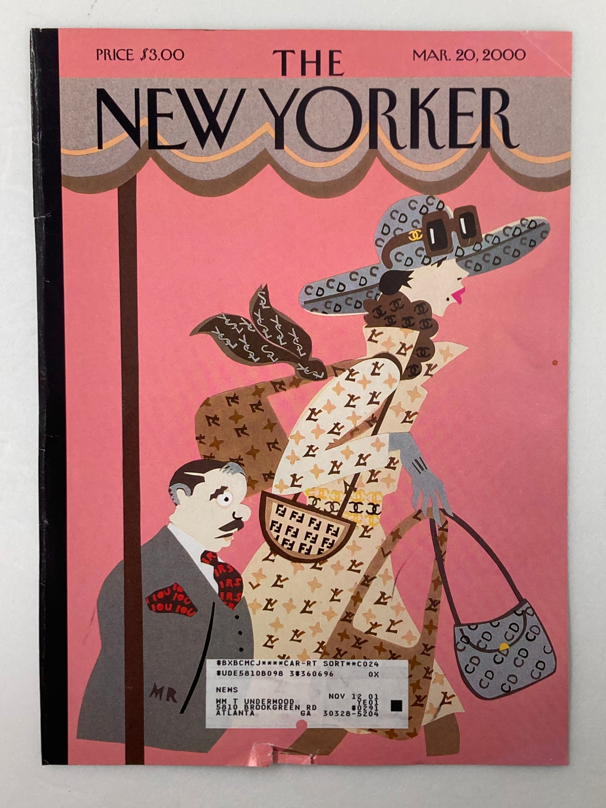 The New Yorker, March 20, 2000, cover depicting 'Front Row Notes' by M. Roberts, featuring a stylish woman with a hat and a man in a suit, set against a vibrant pink backdrop, illustrating vintage magazine design.