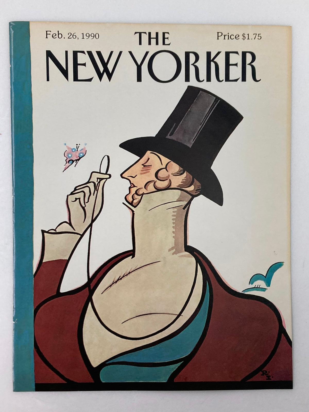 Cover of The New Yorker from February 26, 1990, titled 'The Gamemaster' by Rea Irvin, showcasing a stylish man in a top hat, with artistic elements including a butterfly and a bird.